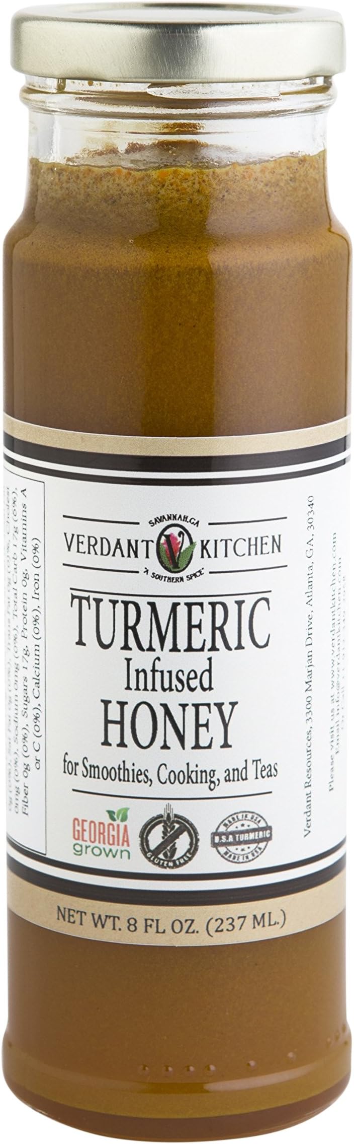 VERDANT KITCHEN Turmeric Infused Honey - Pure Raw USA Wildflower Honey with USA Grown Raw Food Dehydrated Turmeric 12 oz