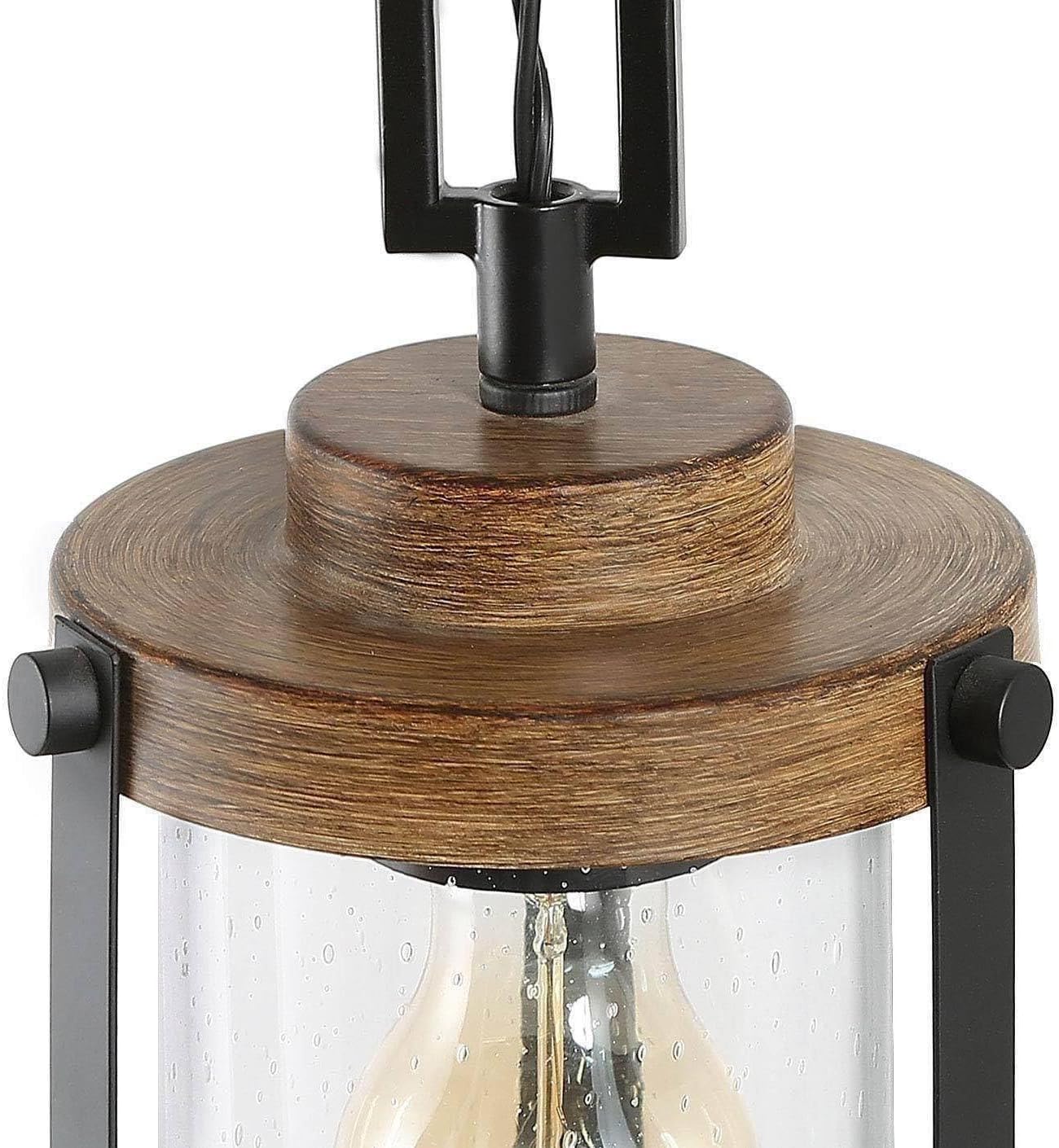 LALUZ Pendant Lights Kitchen Island, 6'' Seeded Glass Kitchen Pendant Lighting Over Island Sink, Pine Texture and Black Mini Farmhouse Rustic Hanging Light Fixtures
