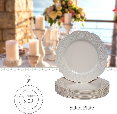 Miniatura 3 de Harmony Collection - Platos de ensalada de plástico en relieve floral para fiestas (20 unidades) Juego de vajilla desechable resistente de 9