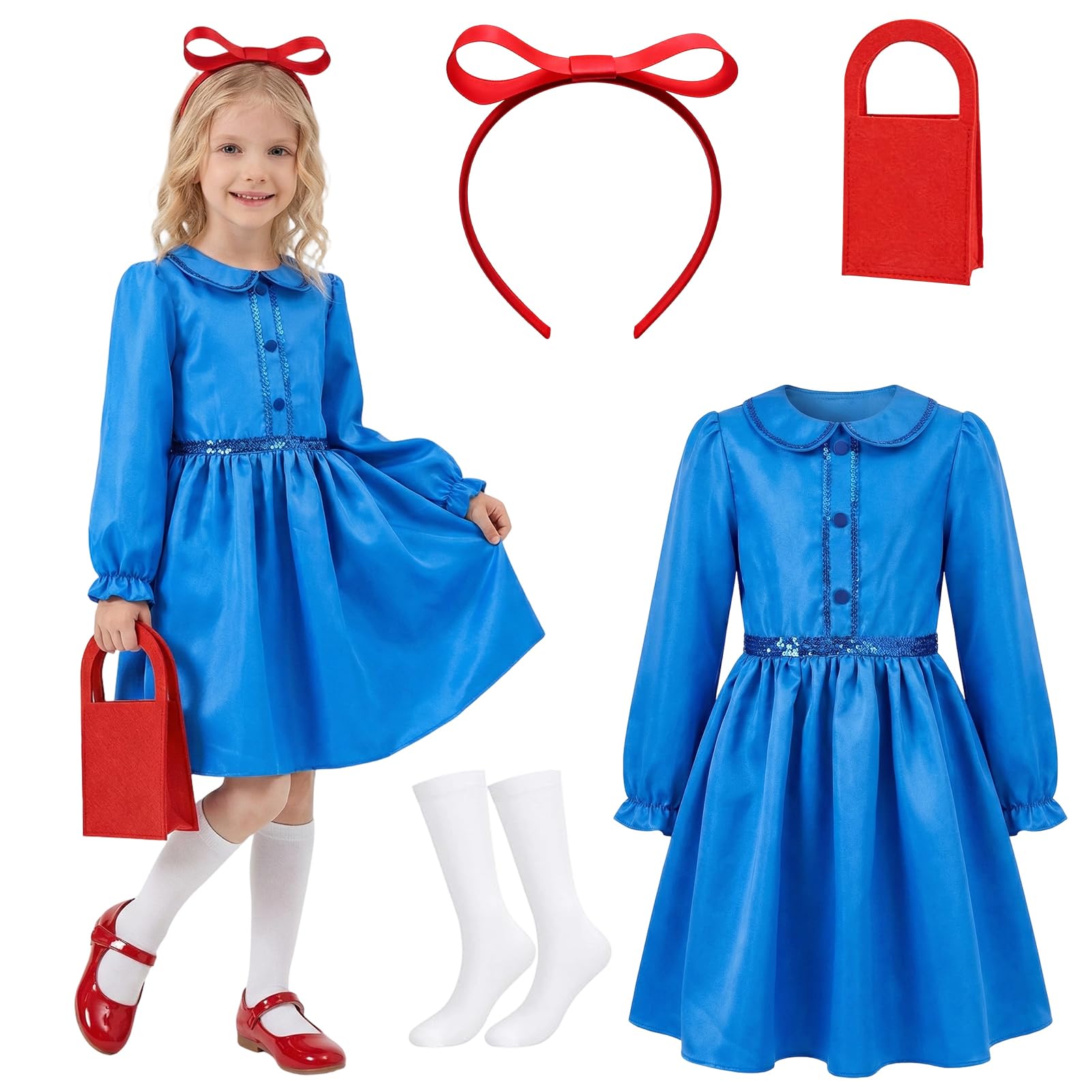 Aleshime Matilda Costume for Girls, World Book Day Costumes for Girls, Matilda Fancy Dress Up Outfit, Gilrs' Book Character Costume(9-10 Years)
