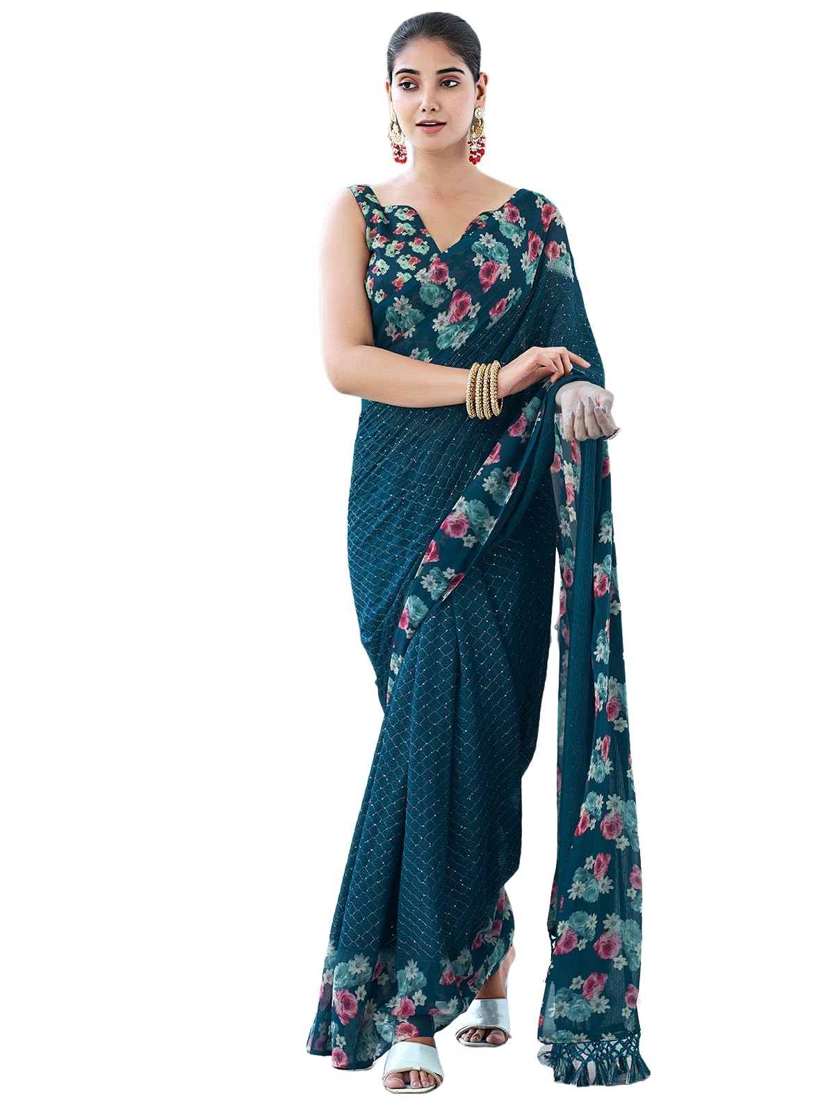 Satrani Women's Floral Printed Sequence Embroidery Georgette Saree With Unstitched Blouse Piece (3741S825N_Rama Blue2)