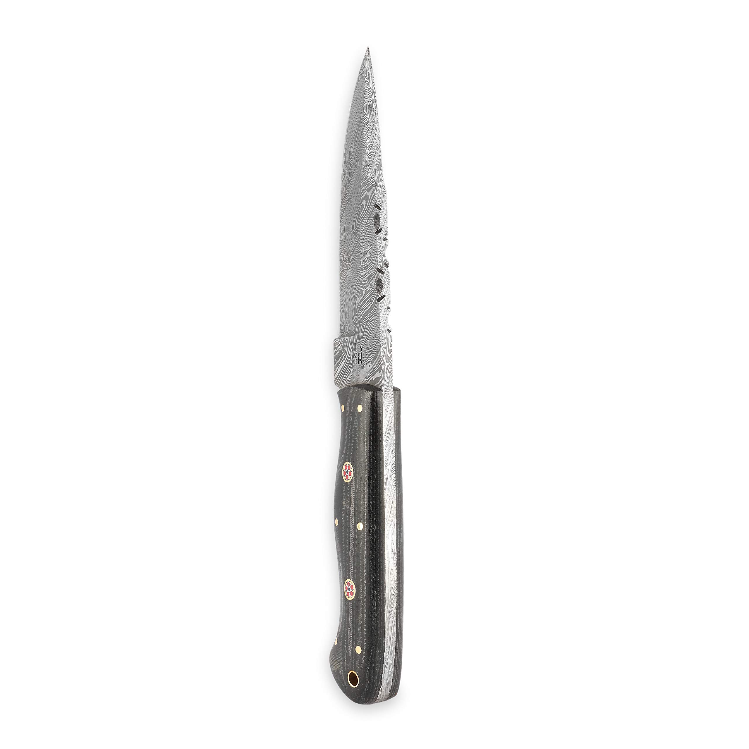 Hobby Hut HH-412 Damaskusmesser, handgefertigt, 25,4 cm, Bushcraft, Jagdmesser, Micarta-Griff | Lederscheide | Full Tang, feste Klinge | Rasierklinge, Damaststahl
