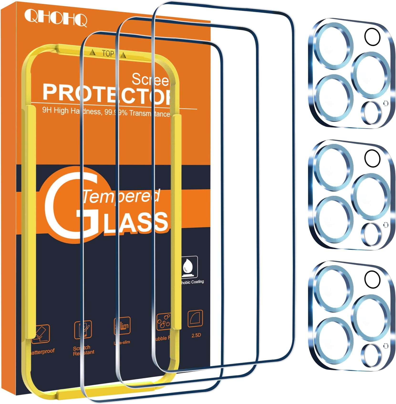 QHOHQ3 Pack Screen Protector for iPhone 15 Pro [6.1 Inch] with 3 Pack Camera Lens Protector, Tempered Glass Film, Ultra HD, 9H Hardness, No Bubbles, Case Friendly - Light Blue