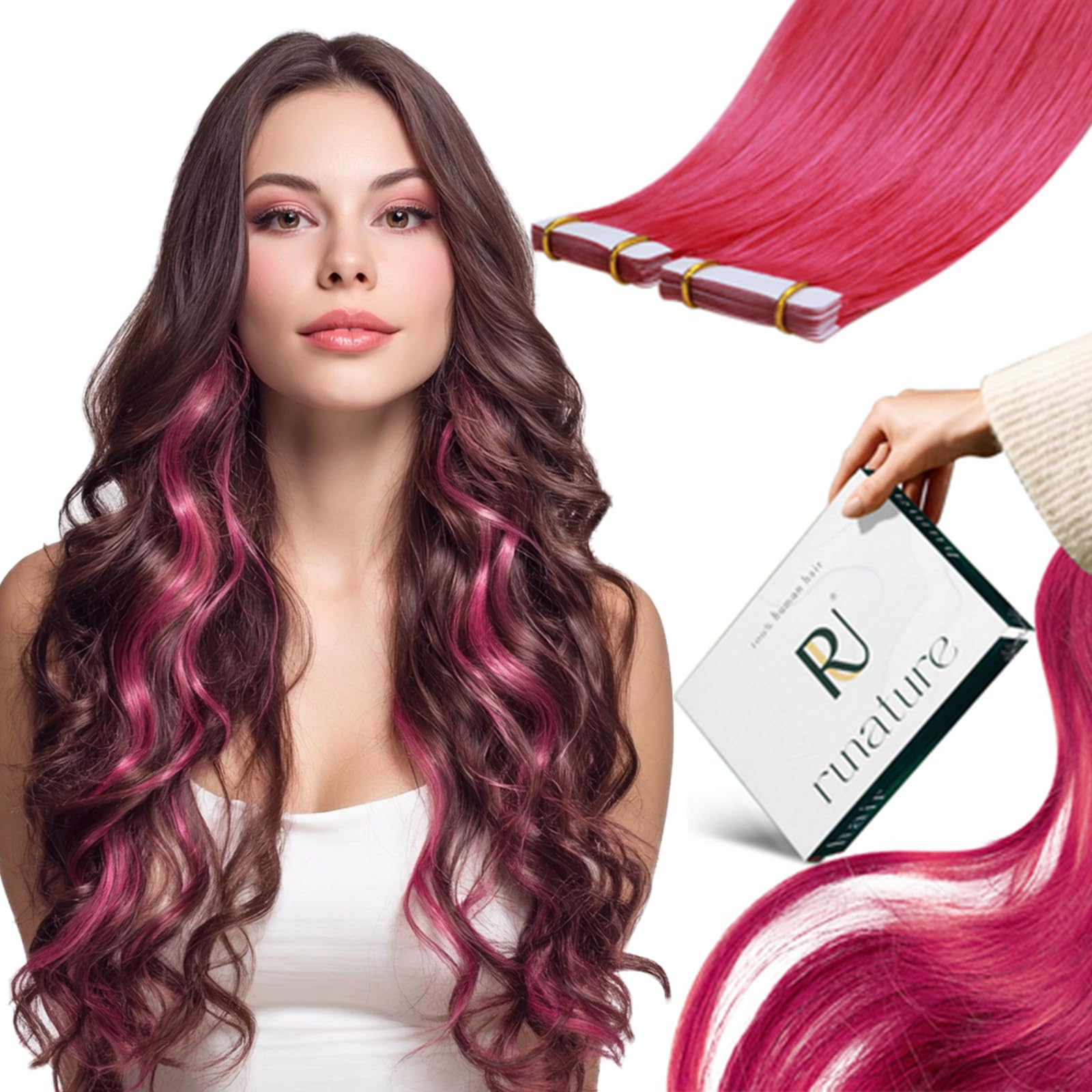 RUNATURE 12" Glue in Human Hair Extensions 10pcs 20g Hot Pink Fashion Color Tape in Seamless Skin Weft Hair Extensions for Girls Women