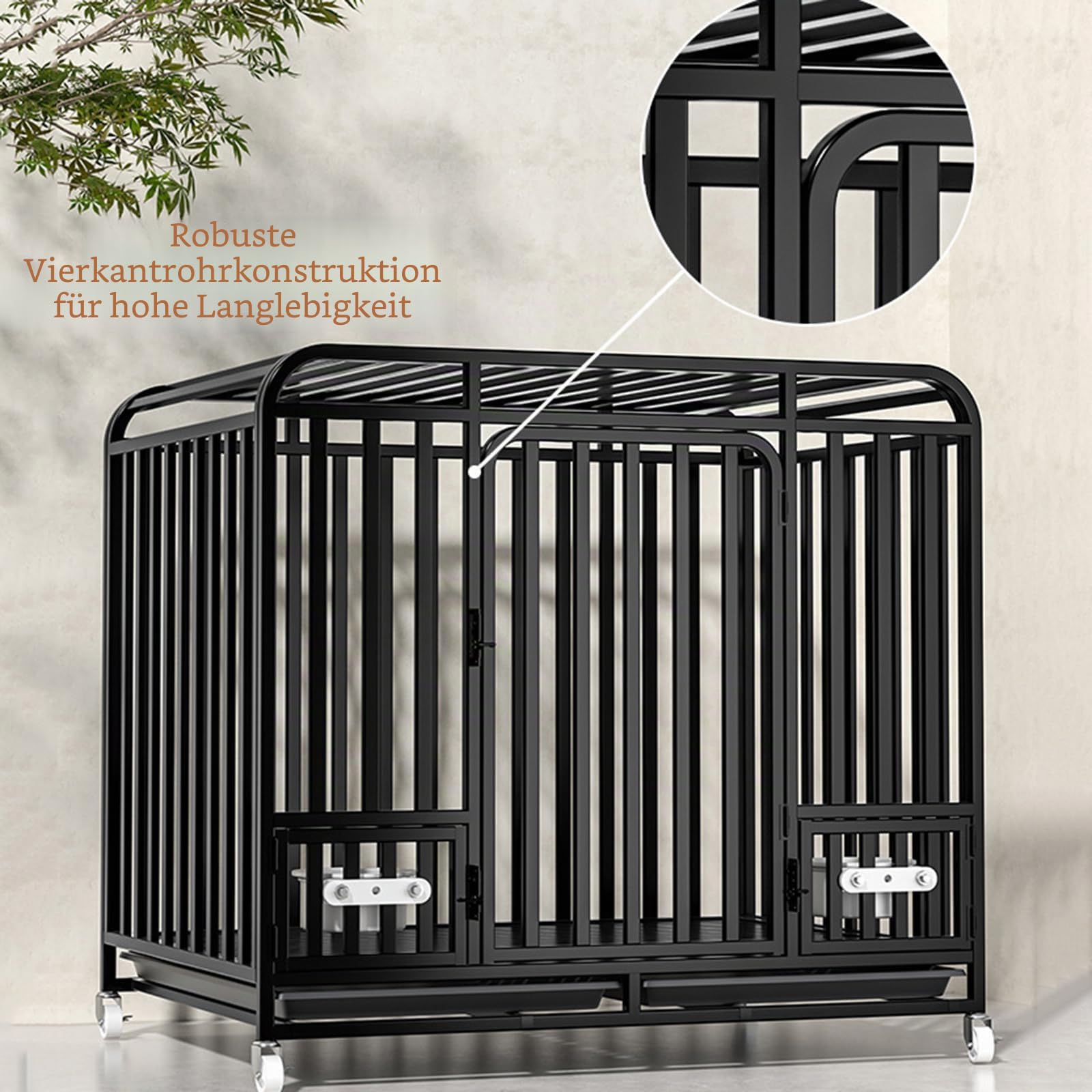 Hundekäfig Transportbox für schwere Lasten, Gitterbox große Hunde hochbelastbar Hundetransportbox mit 3 Türen, 4 Rollen und Bodenschale Hundetransportkäfig Hundebox (XXXL 140X94X108cm)