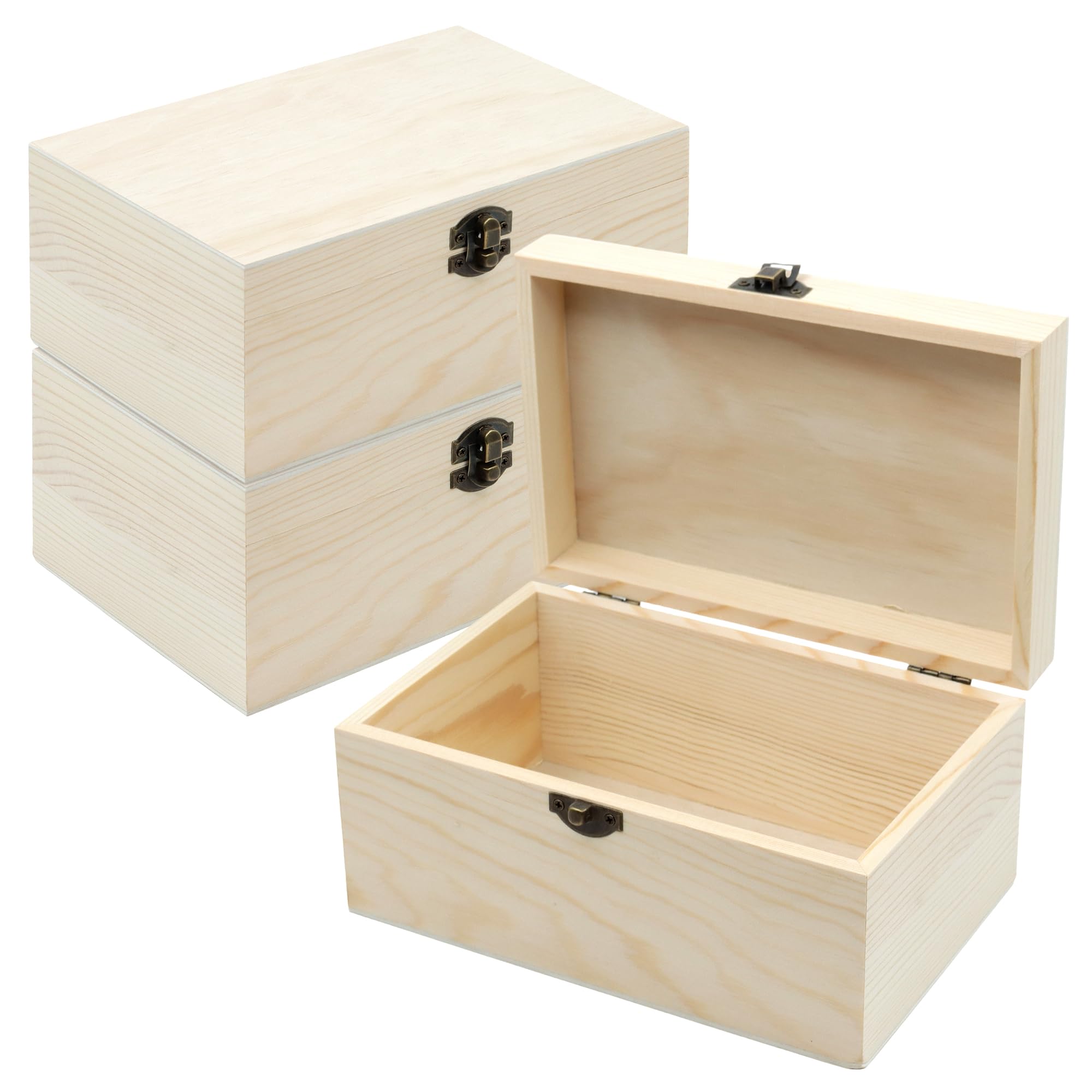 3 scatole in legno grezzo con coperchio incernierato, 19 x 13 x 9