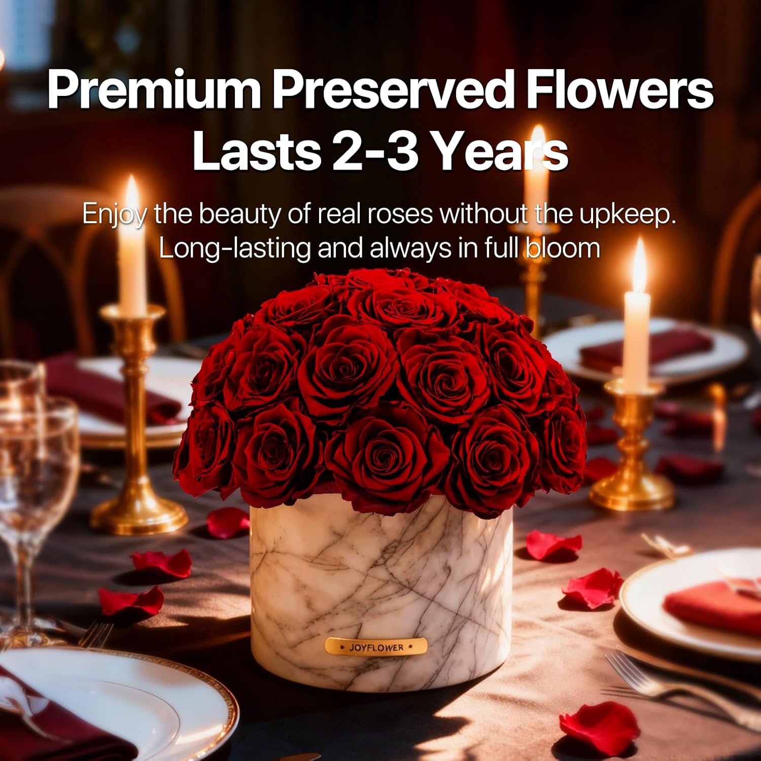 JoyFlower Preserved Flowers in Marble Vase, Flower Vase Marbles for Table Centerpiece, Bordeaux Red Eternal Flower Decorations for Party Home Living Room Bedroom Shop House, Decorative Flower Decor