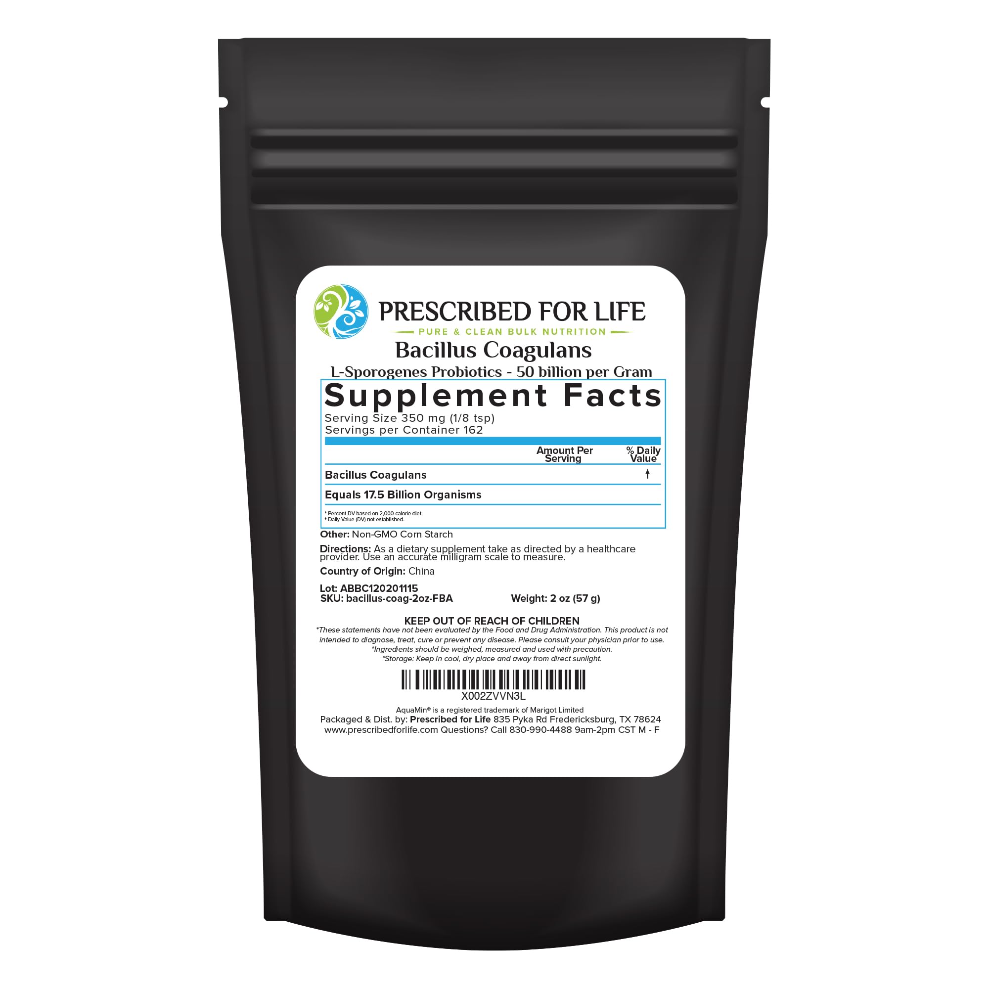 Prescribed For LifeBacillus Coagulans Powder, Lactobacillus Supplement for Gut Health Support, Temperature and Shelf Stable Probiotics, L. Sporogenes (50 Billion/Gram) (2oz / 56g)