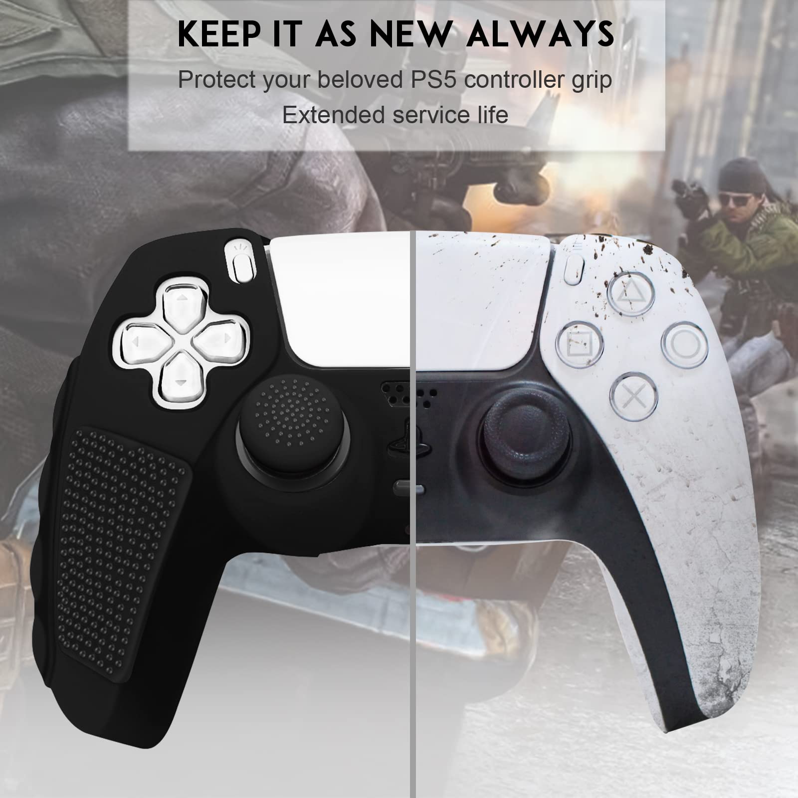 SIKEMAY Anti-Slip PS5 Controller Skin, Soft Thicken Non-Slip Studded Silicone Gel Grip Protective Cover Case for PlayStation 5 Controller Grip, 2 Pack with 8 x Thumb Grip Caps