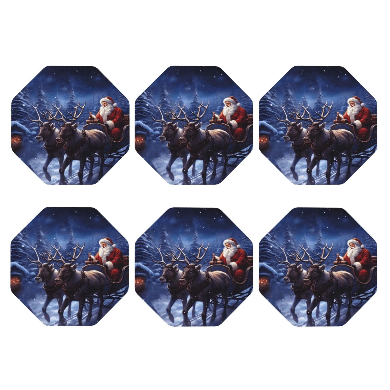 6pcs Leather Coasters for Drinks, Snow Night Santa and Deer Drink Coasters for Tabletop Protection, 4" Cup Coasters for Coffee Table Decor, Non-Slip Drinking Cup Mat for Hot Or Cold Drink