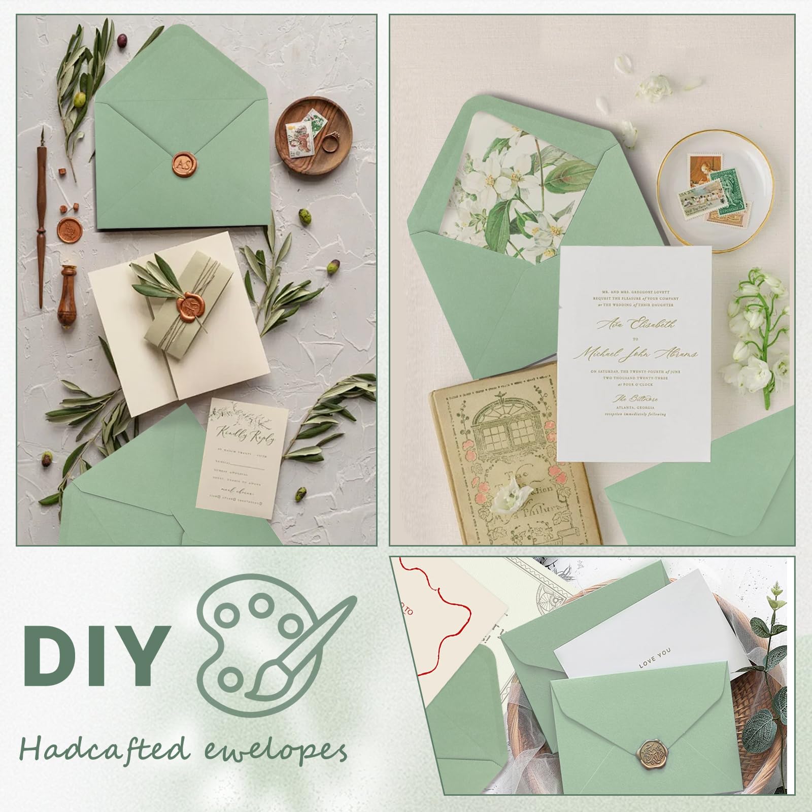 100 Szt. Kopert B6 13x18 cm - Kolor Eukaliptusowy, 120 g/m² - Bez Okienka, Klapka Zaostrzona, Zamknięcie Klejowe - Na Zaproszenia Ślubne, Kartki Okolicznościowe i Przyjęcia