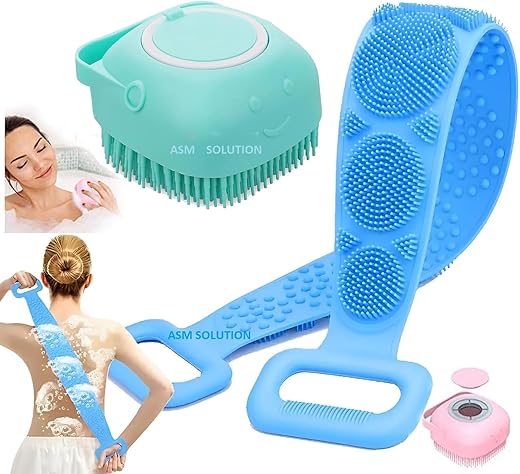 (2pcs Combo of 2-in-1) Silicone Body Massage Bath Brush with Soap Dispenser and Silicon Body Back Scrubber & Massager for Deep Cleaning, Exfoliating& Massaging Hair Scalp &…