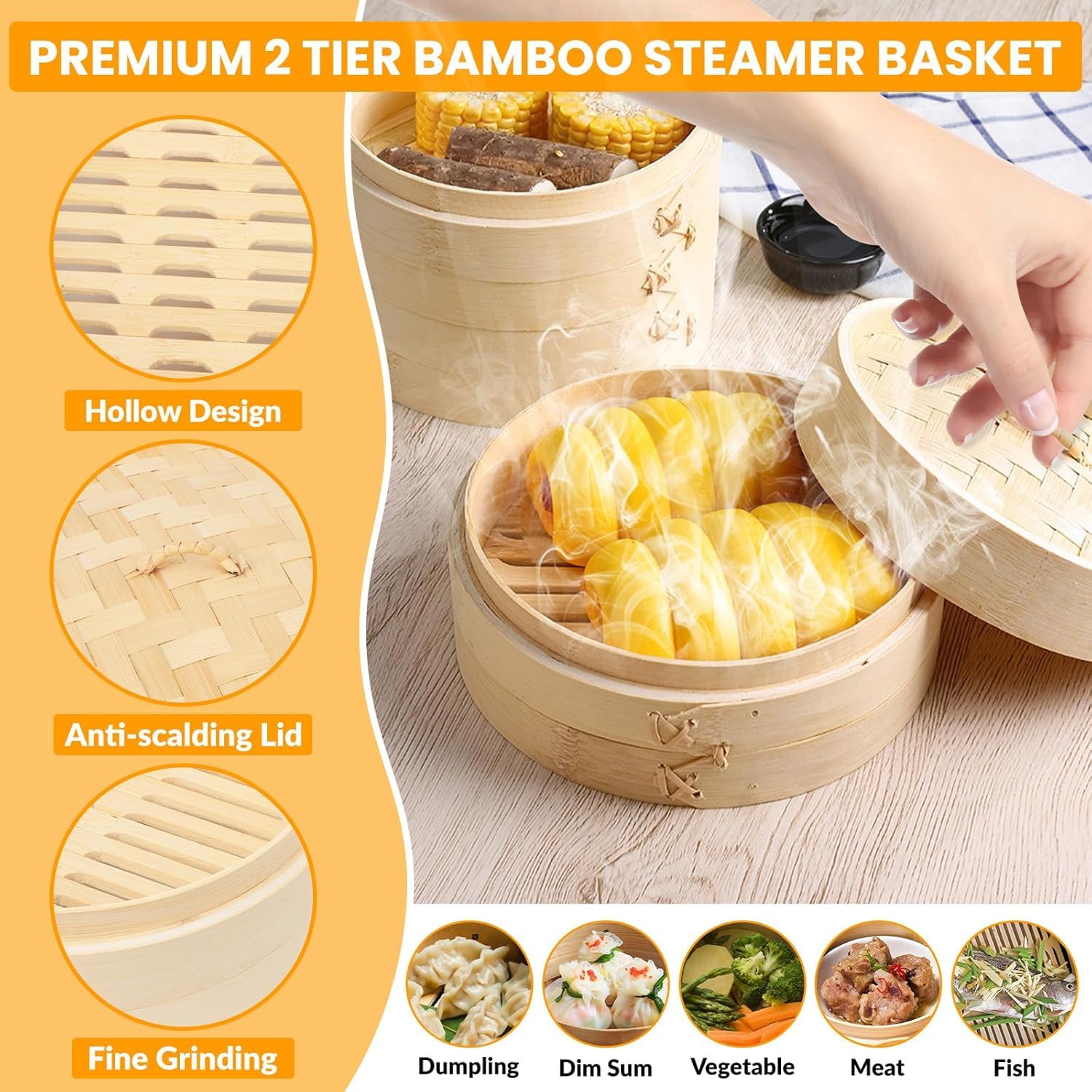 2 Livello Vaporiera in bambù, 20cm Cestello Cottura a Vapore Bambu con Coperchio e 5 Pezzi Panno Vapore per Vapore Gnocchi di Verdure a Dim Sum