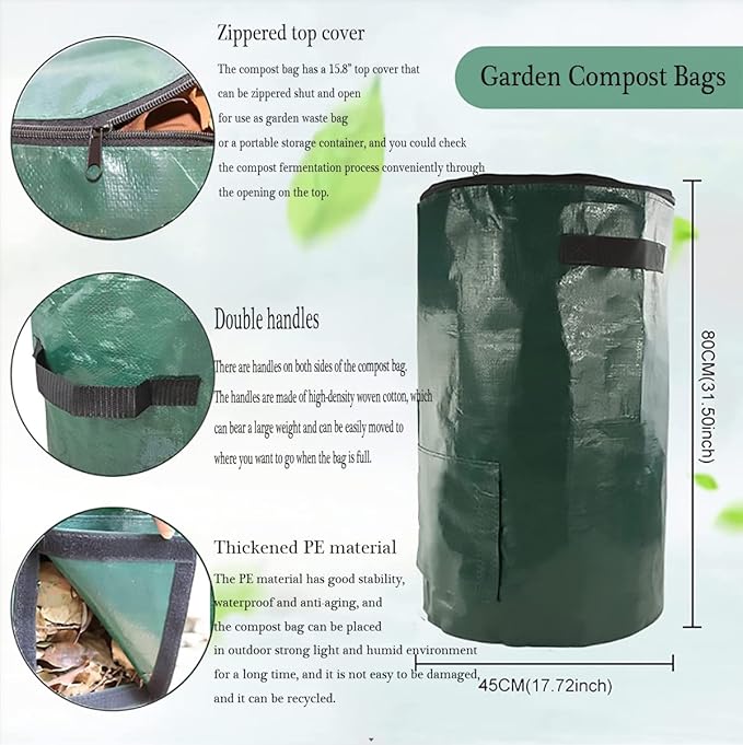 This 2-pack of garden compost bags includes one 15 gallon and one 34 gallon bag, providing ample space for all your gardening needs. These multifunctional gardening containers can be used for collecting leaves, lawn clippings, and other yard debris, as well as for storing tools and supplies. The green color and durable construction make them a practical and attractive addition to any outdoor space. Description by ChatGPT.