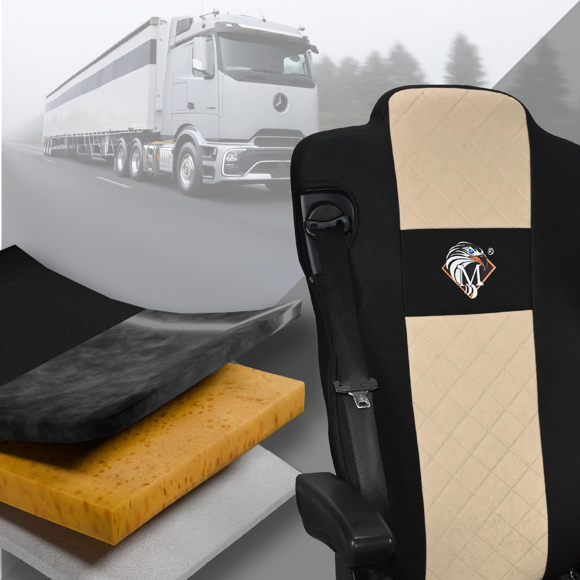 SABA Coprisedile per MERCEDES ACTROS L dal 2022, 2 cinture di sicurezza, sedili tipo aereo, sedile passeggero non sospeso Beige Accessori di Protezione per Sedili di Camion
