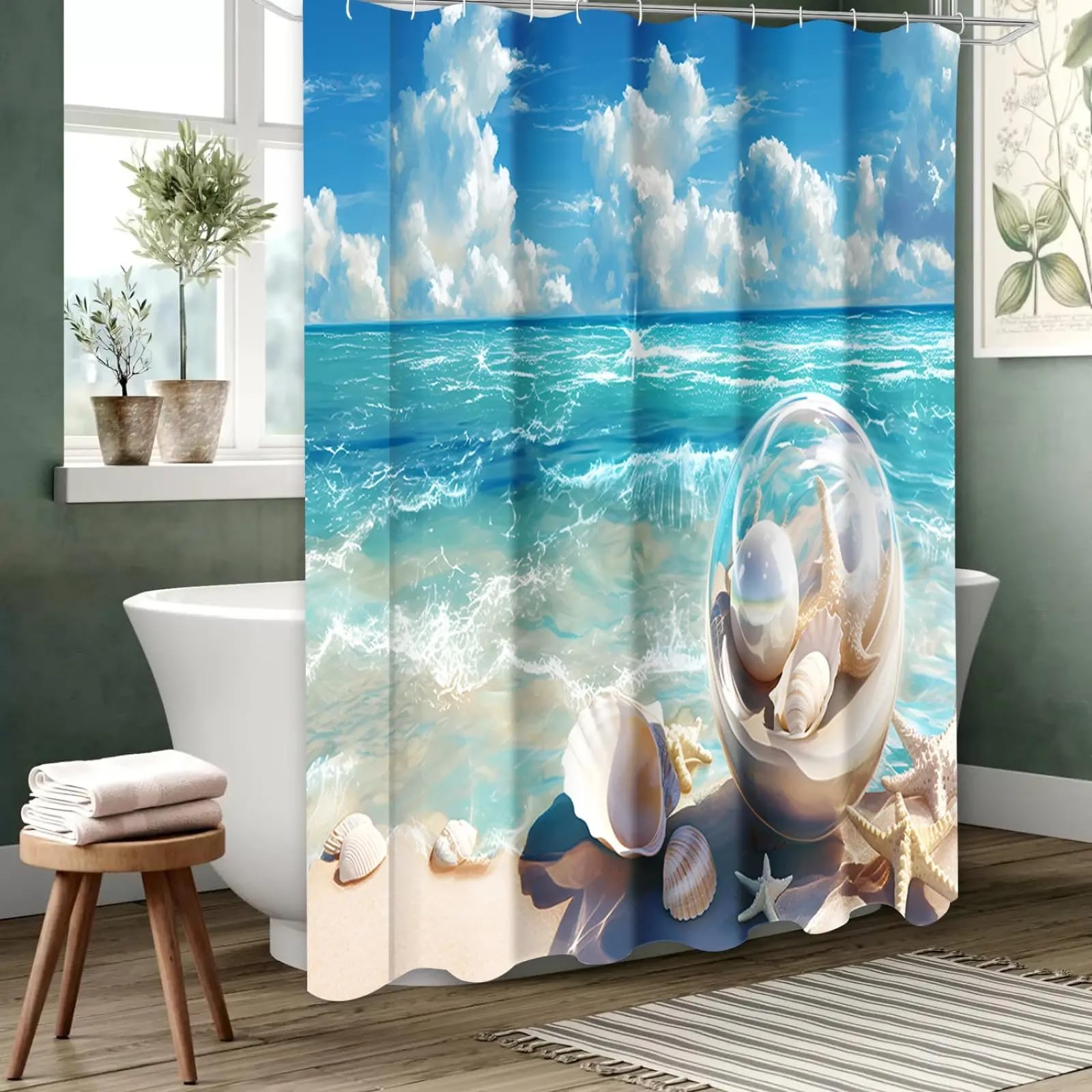 Cortina de Ducha Opaca de Gran tamaño con diseño de Conchas de Playa, Impermeable, con 12 Ganchos, para decoración del hogar, 180 x 200 cm (Ancho x Alto).