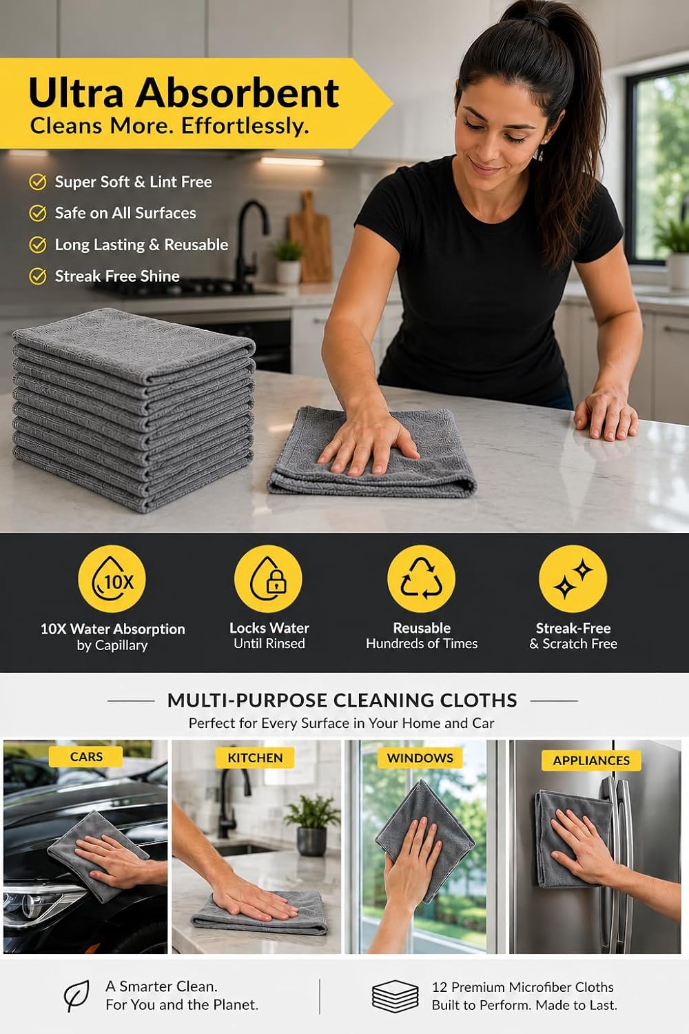 Microfiber Cleaning Cloths, 10 Pack, 12 x 12 Inch, 300 GSM, Lint Free, Ultra Absorbent, Streak-Free Cleaning Towels for Car, Kitchen, Windows, Glass & Household Cleaning, Gray