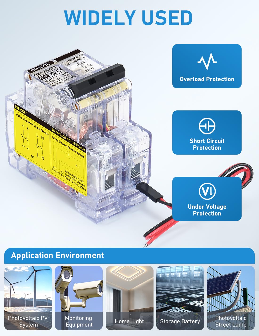 DIHOOL 60A DC Circuit Breaker with Remote Control, 12V-400V DC & 90-400V AC, 2 Pole Miniature Circuit Breaker, DIN Rail Mount Disconnect Switch — Amazon image 6