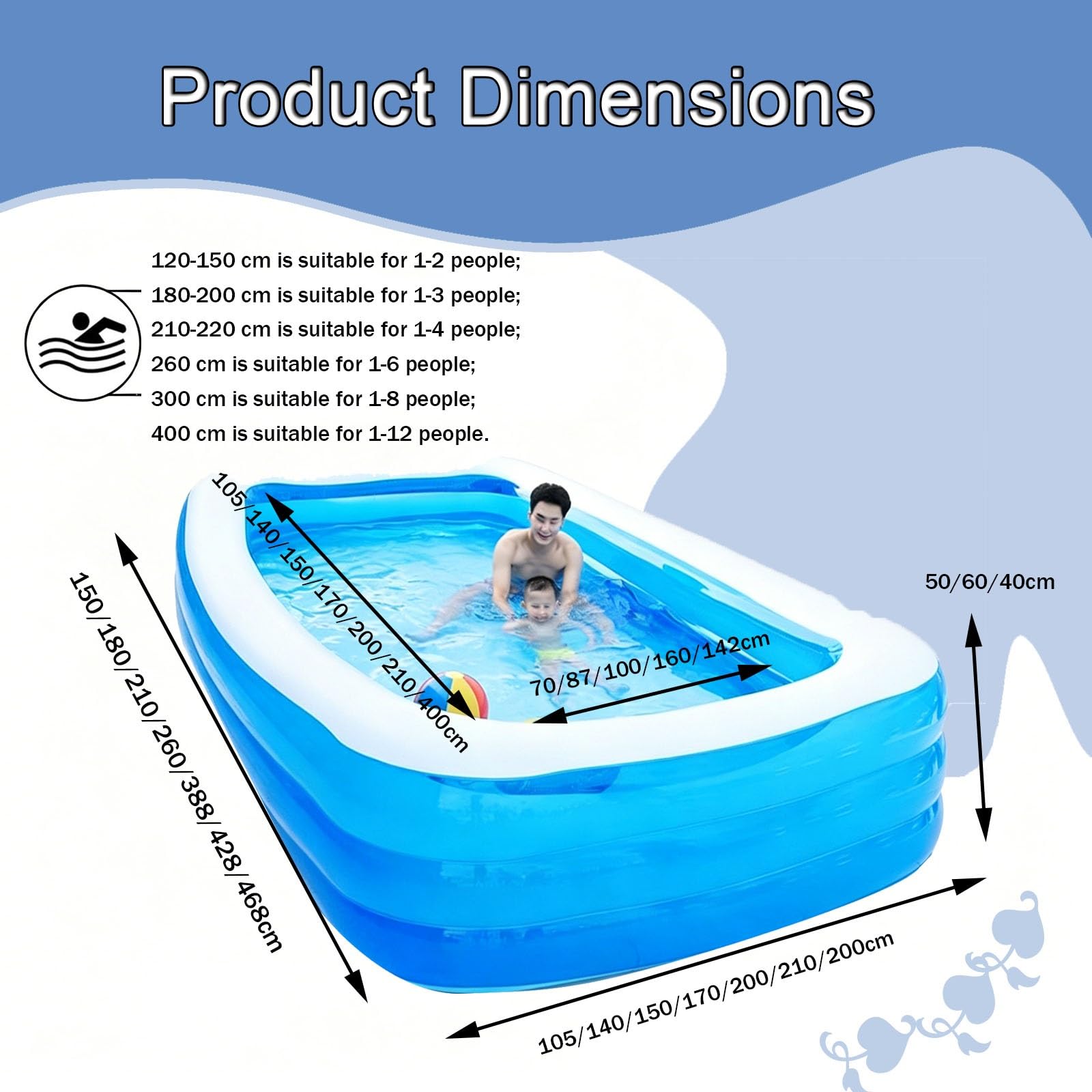 Piscina Gonfiabile Piscina Gonfiabile Rettangolare Da 150-468 Cm Per Adulti Per Famiglie, Ideale Per Giardino E Cortile(388 * 200 * 60cm)