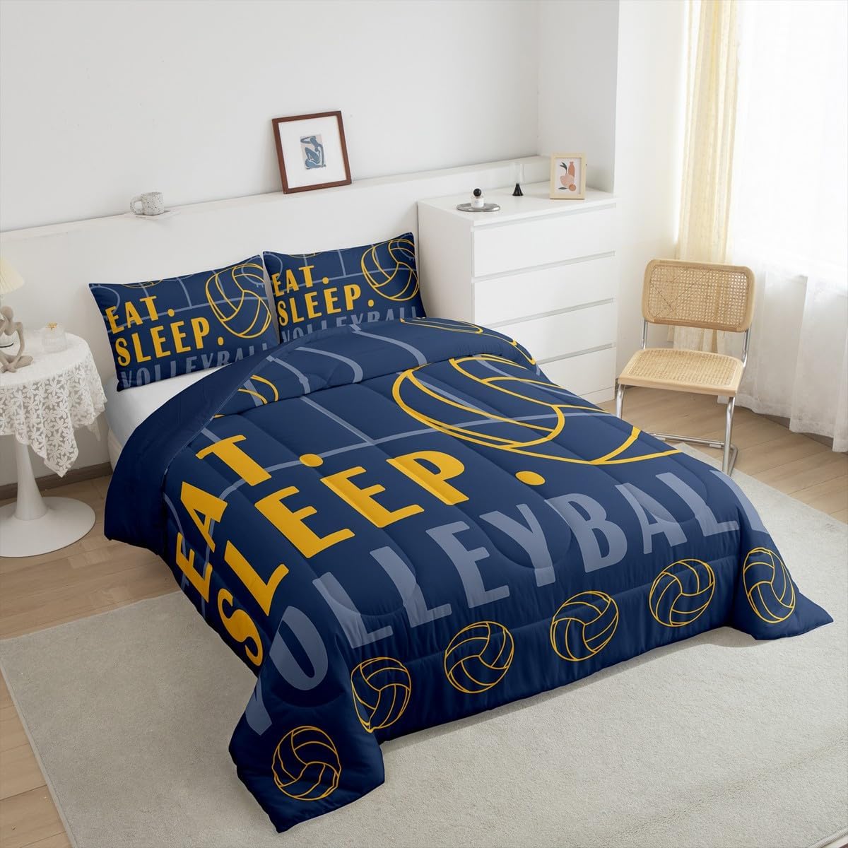 Erosebridal Volleyball Bedding Set - King Size Sports Comforter Set with 3 Pcs - Navy Blue & Yellow
