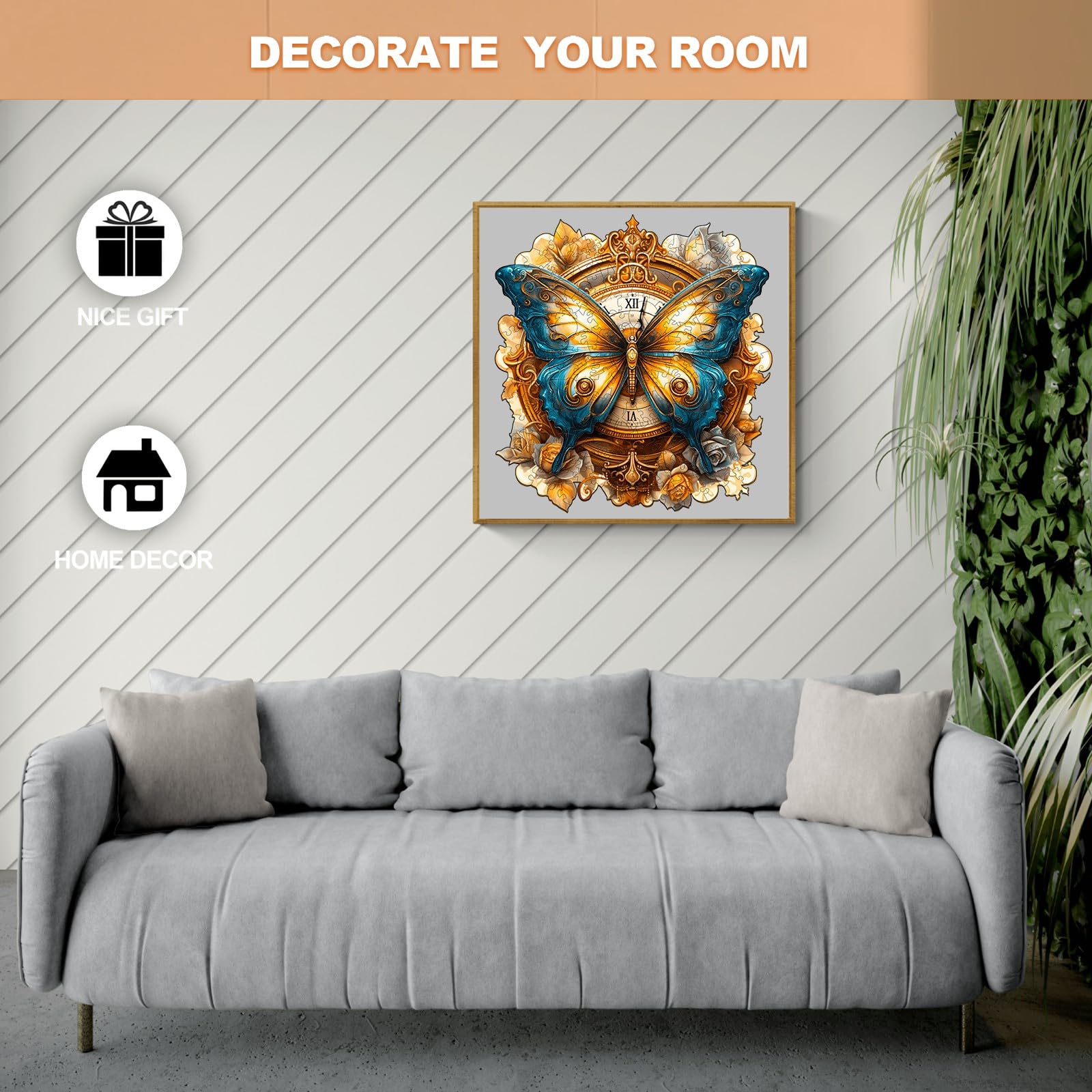 Puzzle in legno per adulti, 270 pezzi, orologio a farfalla, 34 x 31,7 cm, puzzle in legno, irregolare e unico, a forma di animale, con confezione regalo in legno