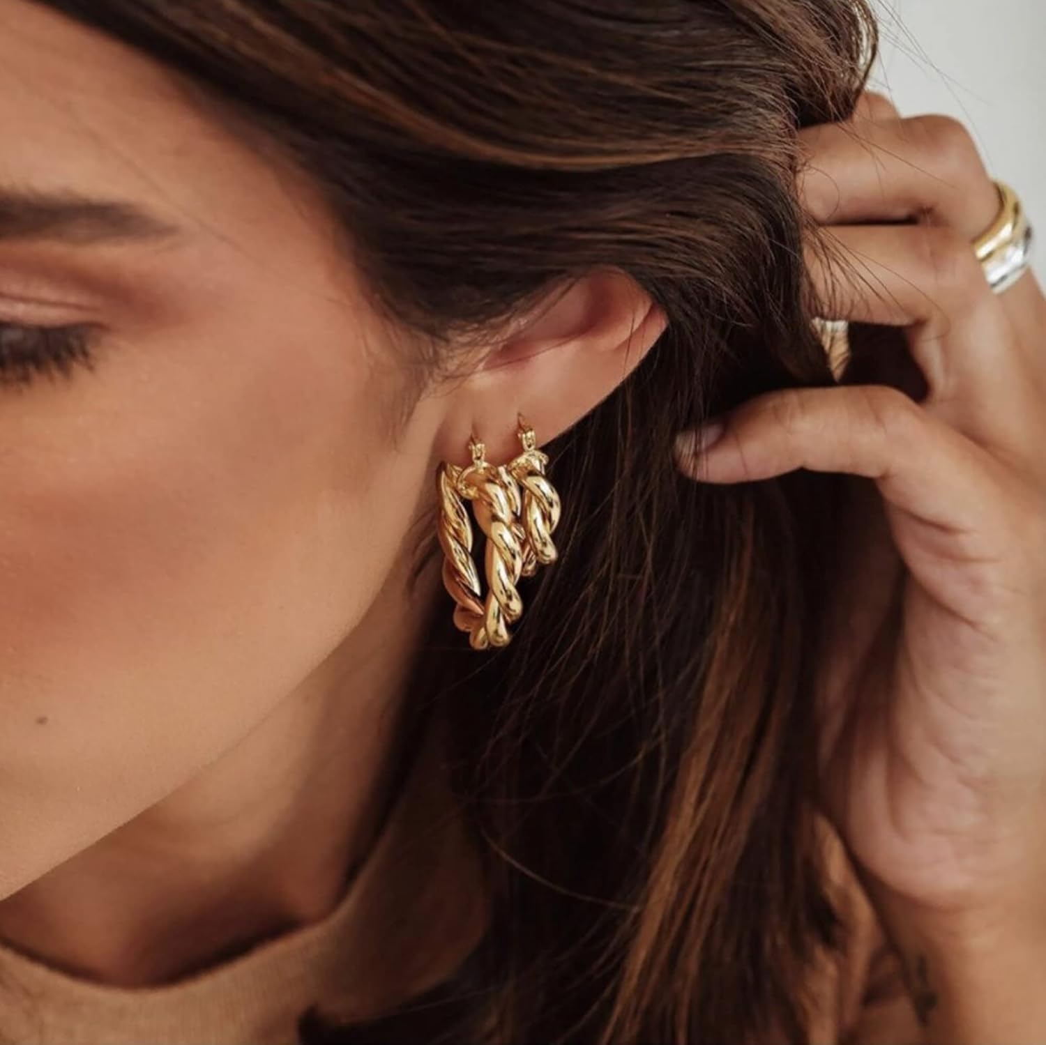 Chunky Gold Hoop Earrings for Women, 14k Gold Plated Thick Triple Hoop Earrings Hypoallergenic Trendy Chunky Gold Hoops Earrings Dainty Jewelry Gifts for Women - Image 2