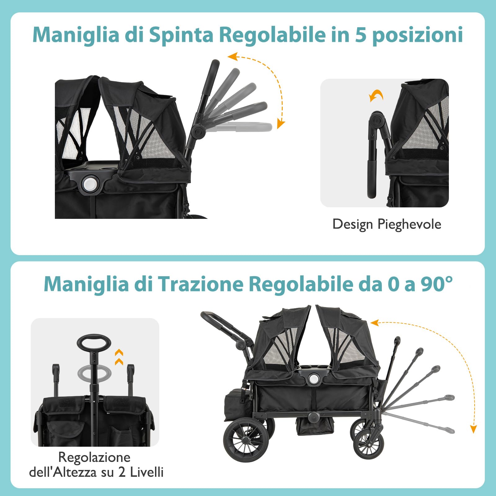 COSTWAY Passeggino Doppio Pieghevole, Passeggino Gemellare con Manico Regolabile, Tettuccio Rimovibile, Portabicchieri, per Bambini da 6+ Mesi, 104 x 57 x 107 cm (Nero)