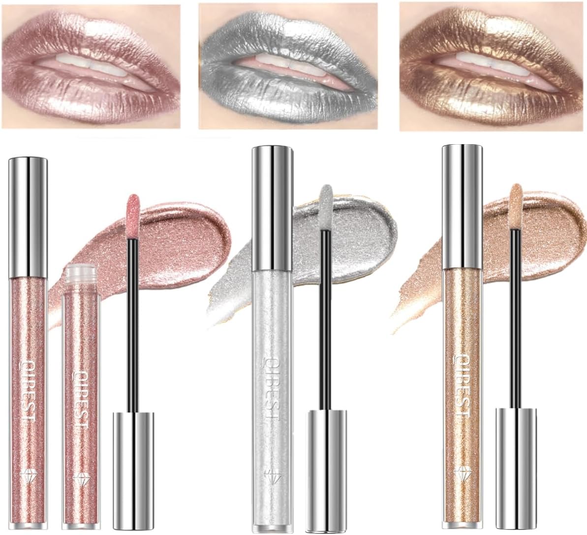 KARLOR Metallic Lipstick Set 3 Pieces Lip Gloss Glitter Silver Gold Pink Matte Metallic Liquid Lipstick Lip Gloss Liquid Lipstick Shine Punk Makeup
