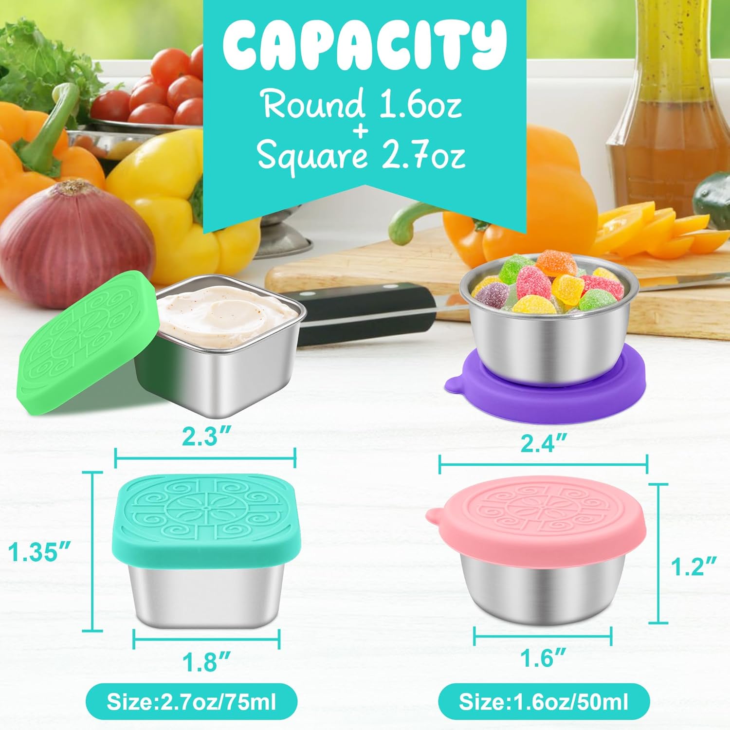 LIEMAND 6PCS Salad Dressing Container to Go, Leakproof Reusable Stainless Steel small container with lid,Sauce Containers for Lunch box,Picnics,Travel,Office and Meal Prep-1.6+2.7 Sets