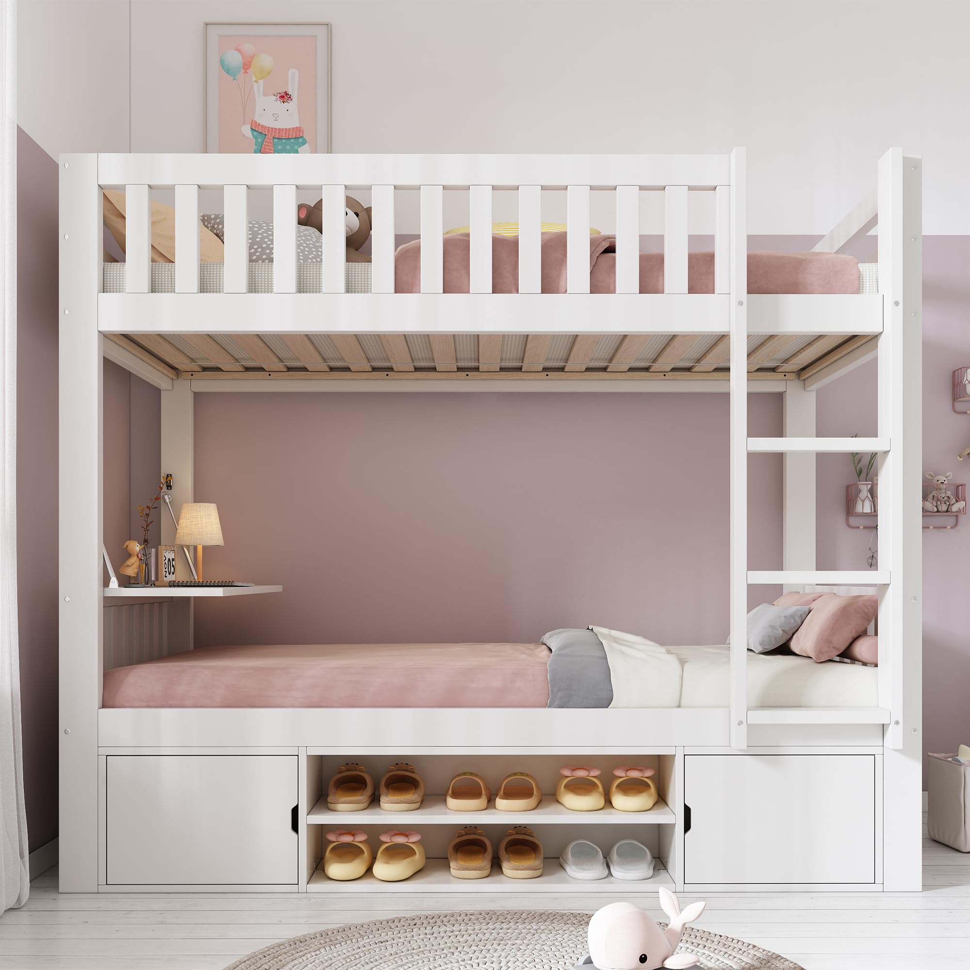 Litera de Estilo Moderno como Cama Alta o Loft Bed con Superior e Inferior de 90x200 cmen Estructura de Madera Maciza con Mesa Plegable, Zapatero y Armarios para Hogar