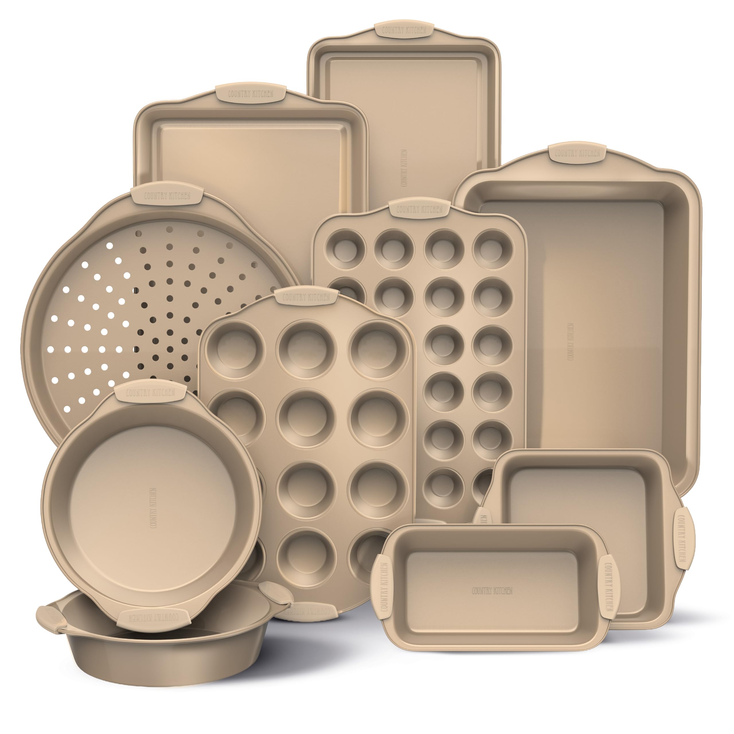 Country Kitchen Nonstick Stackable Bakeware Set - Heavy Duty, Durable, Easy Release Baking Set, Gold, 10 Pcs