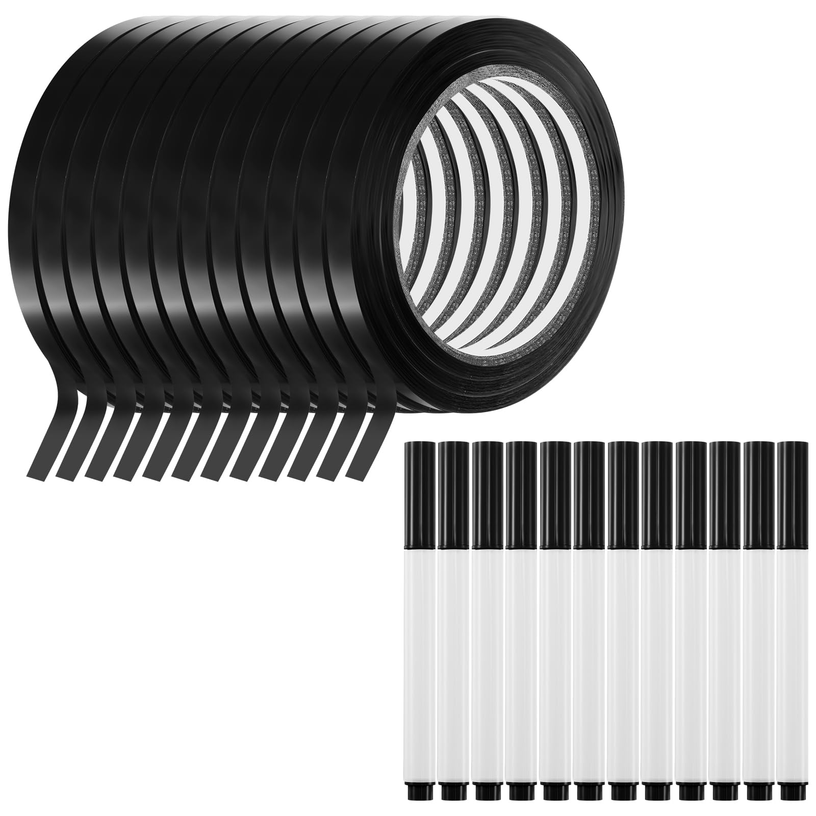 Whiteboard Accessories, 24 Pack, 12 Thin White Board Tapes and 12 Dry Erase Markers, Board Accessories, Office Back to School Supplies (Black)-image-35