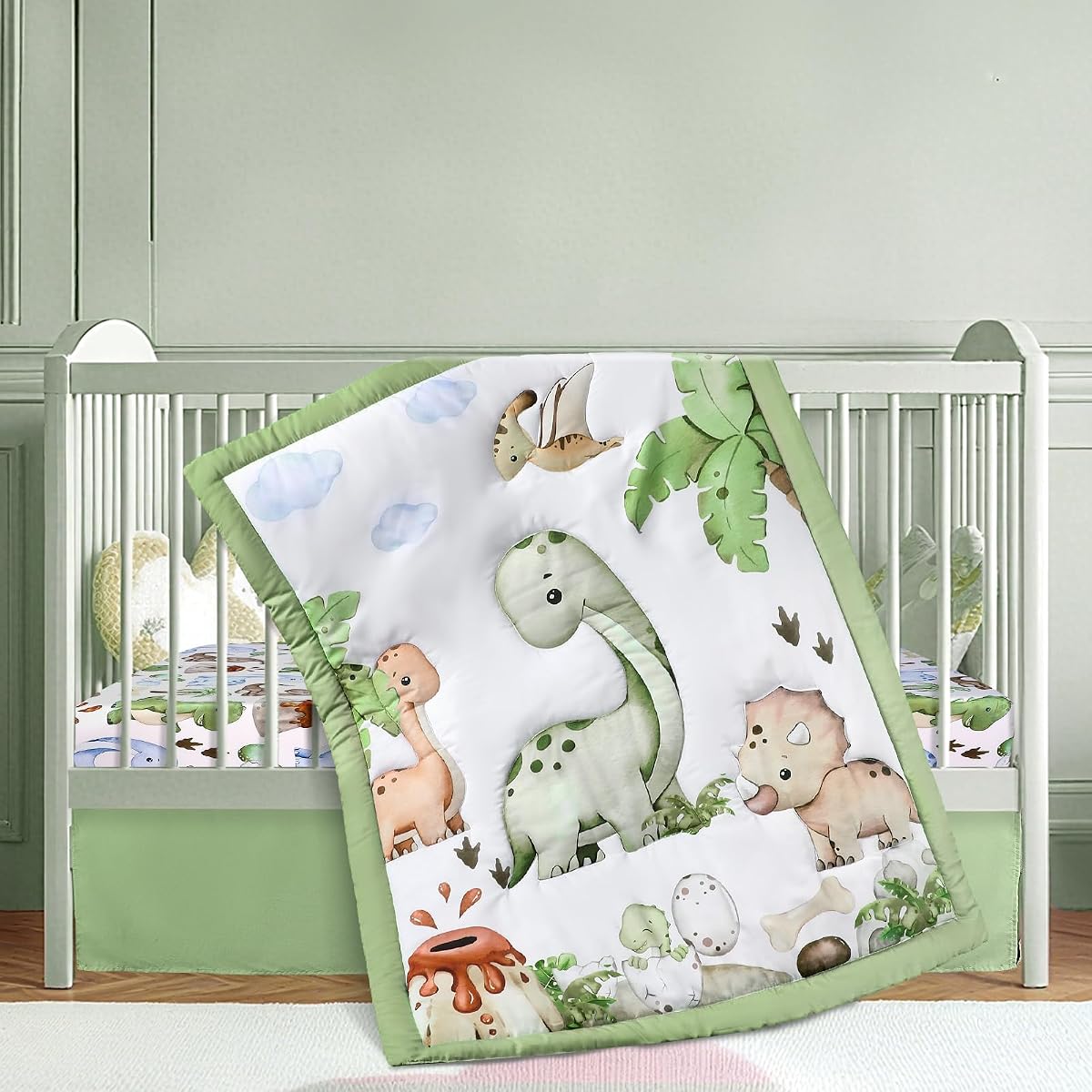 Hahafelt 3 Pcs Dinosaur Baby Crib Bedding Set for Boy | Includes Comforter, Fitted Sheet, Skirt, Soft Green Nursery Bedding for Standard Infant Bed