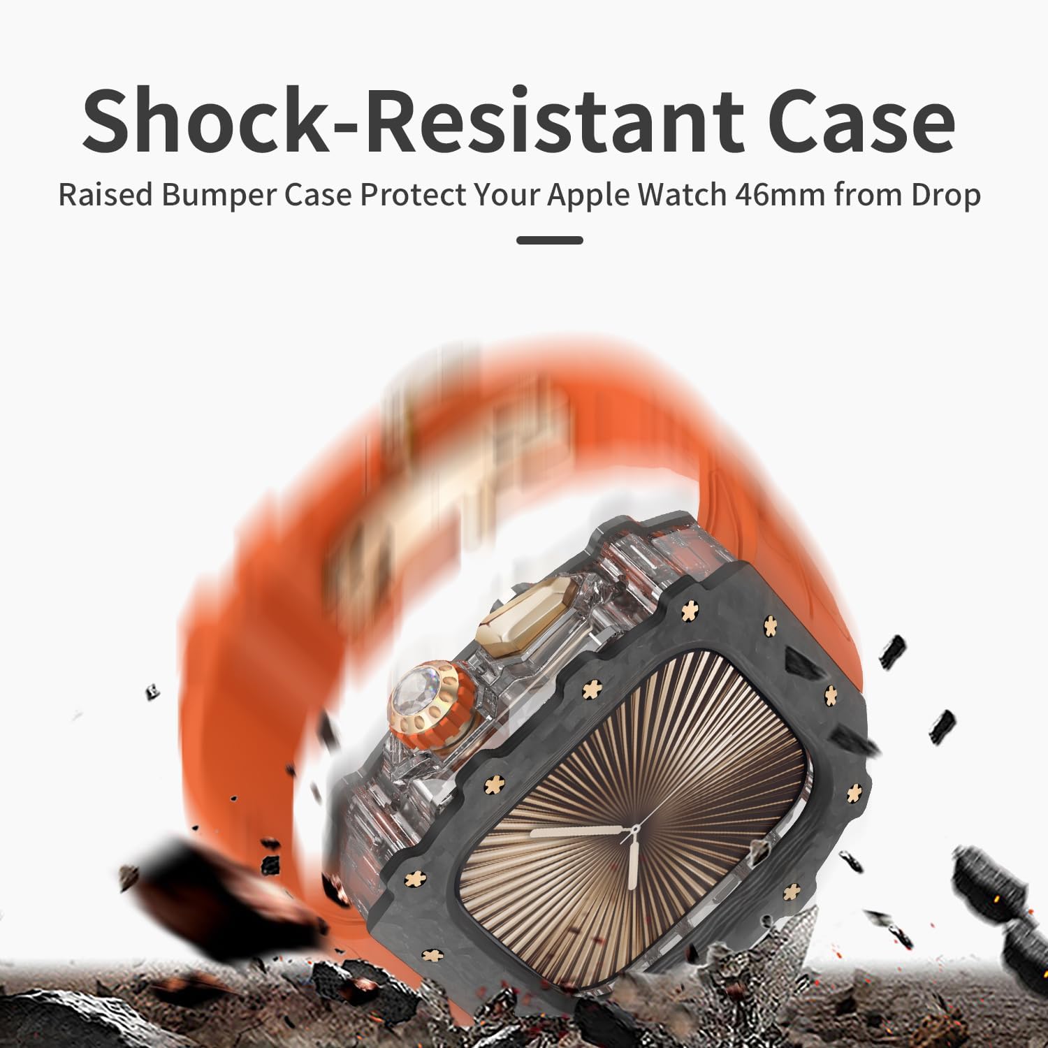 For Apple Watch 11/10 46mm Case Carbon Fiber Fluorine Rubber Band, Luxury iWatch 11/10 46mm Carbon Fiber Case for Men, Replacement Fluorine Rubber FKM Strap Apple Watch 46mm Protective Bumper Cover - Image 2