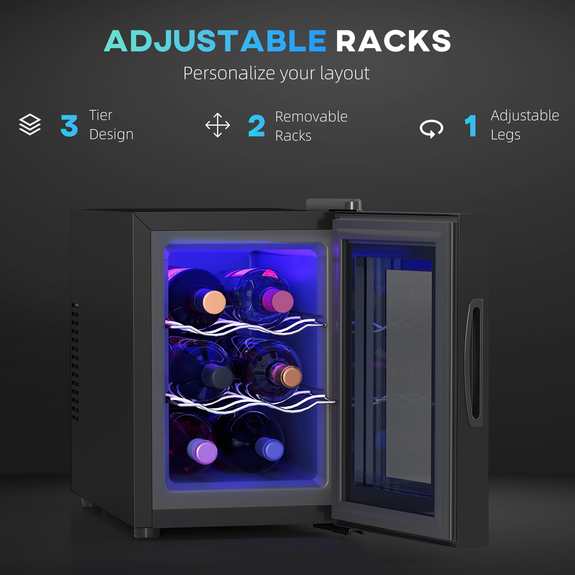 HOMCOM Mini Table Top Wine Fridge, 6 Bottle, 17L, 8-18℃, 26.5cm Quiet Under Counter Wine Cooler Fridge with Glass Door, LED Light, Digital Touch Screen, Temperature Control — view 5
