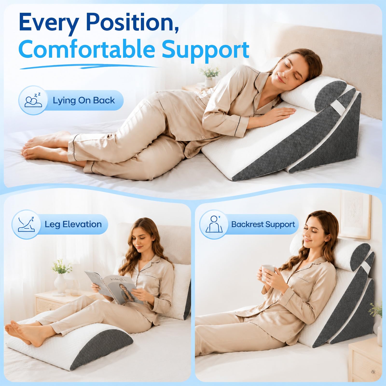 Set di 5 cuscini a cuneo ortopedici da letto, per post-chirurgia, cuscino a cuneo regolabile, con 2 cuscini per gambe, cuscino da lettura in memory foam, comodo e regolabile, anti-russamento
