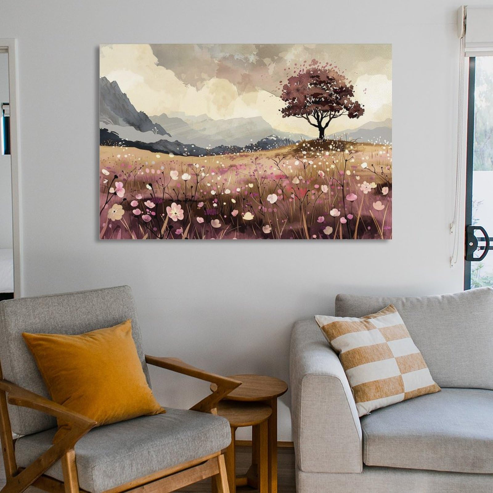 Amazon.co.jp: 絵画 山のふもとの野原と花と木々インテリア 絵画 植物