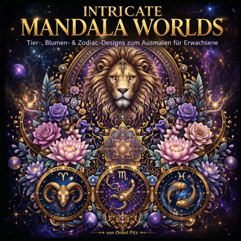Intricate Mandala Worlds: Tier-, Blumen- & Zodiac-Designs zum Ausmalen für Erwachsene