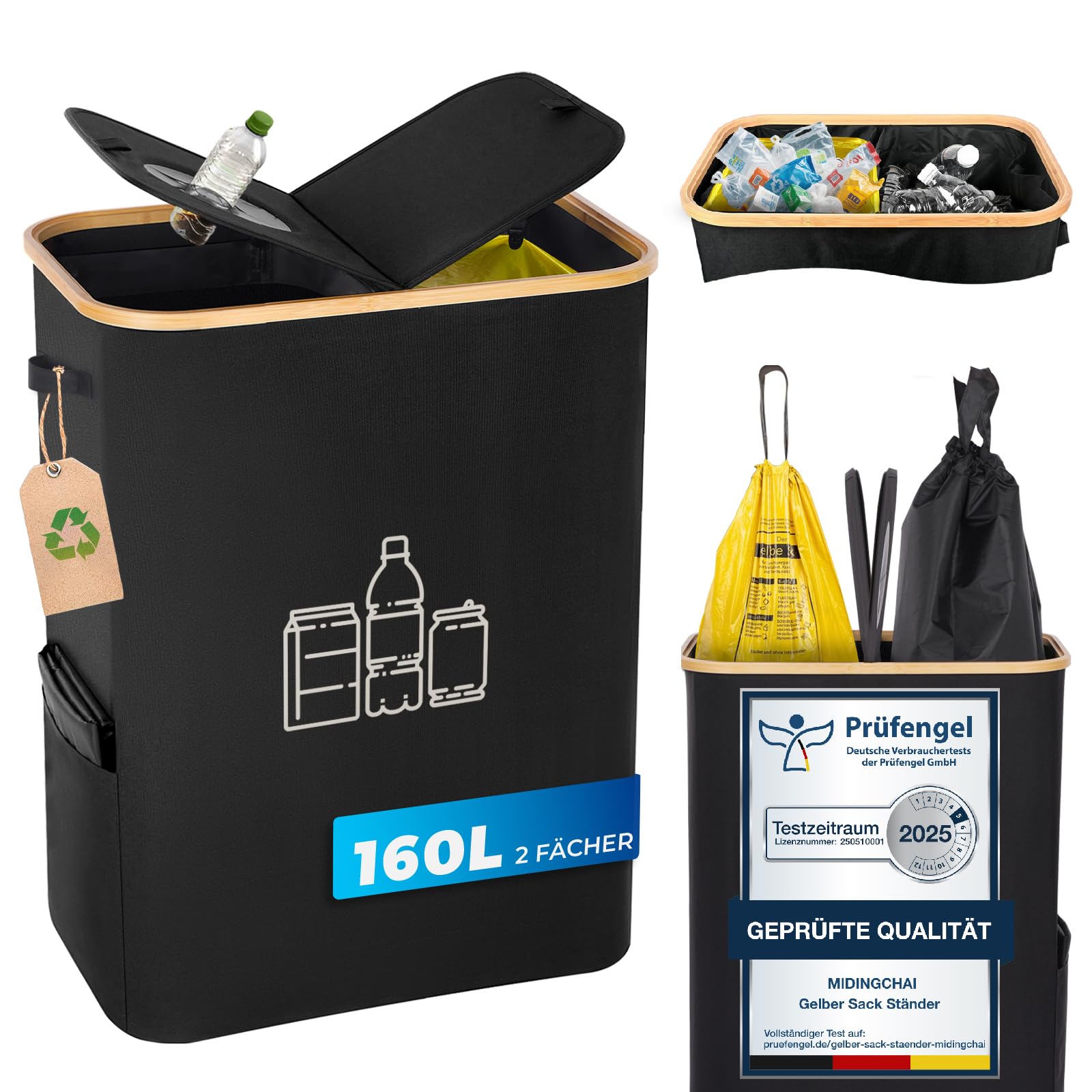 Gelber Sack Ständer 2-in-1 160L Mülleimer mit Deckel für 60L-120L Gelber Sack, Müllsystem für Küche & Haushalt - Schwarz