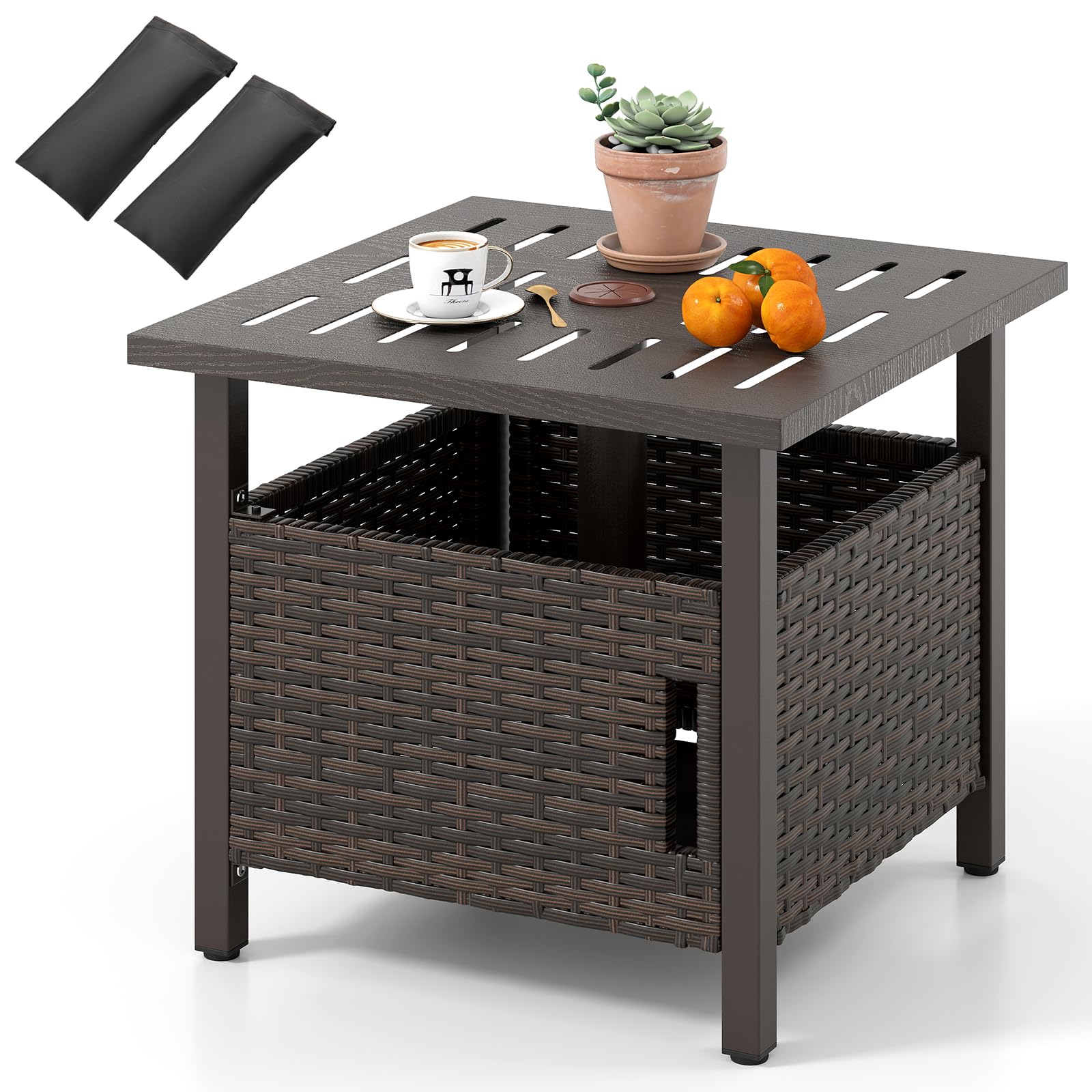 RELAX4LIFE Rattan Dining Table, Outdoor Wicker Coffee Tables with Umbrella Hole & Slat Tabletop, Square Side Tea Table for Patio Garden Backyard Poolside (With 4.9CM Umbrella Hole & Sand Bags)