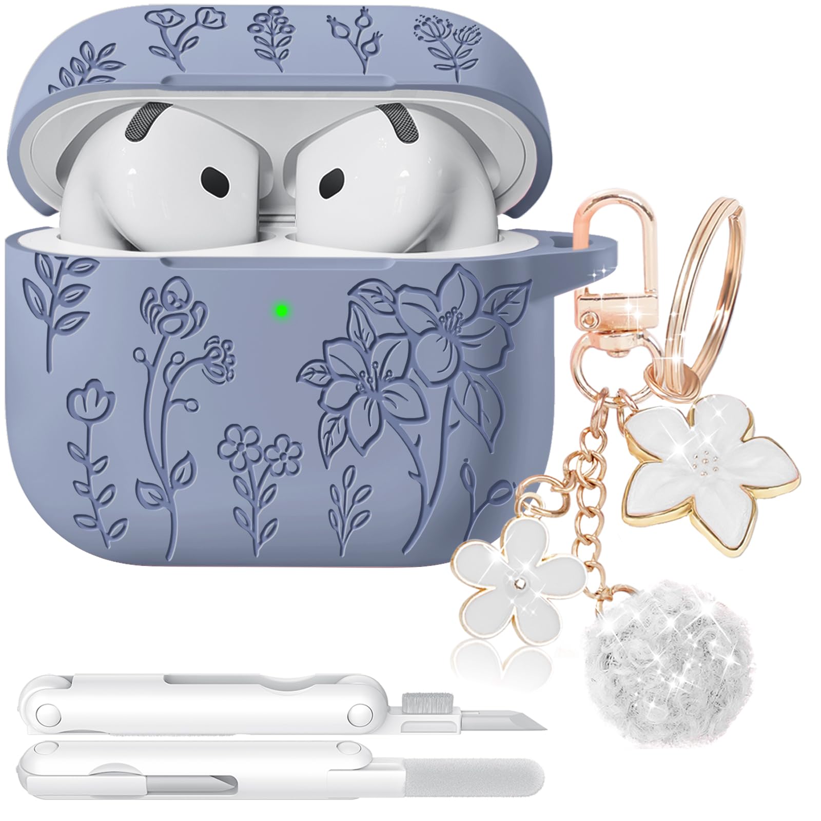 Ekoonpft for AirPods 4 Case, Soft Silicone Flower Engraved Airpod 4 Cases with Qute Keychain &amp; Cleaning Kit, Compatible with AirPods 4th Generation 2024 Cover for Women Girly, Anti-Scratch, Shockproof