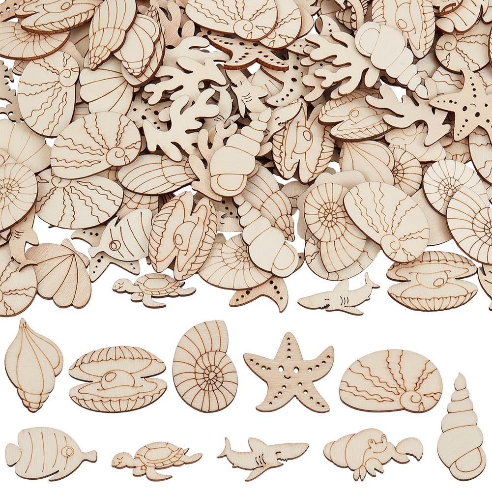 SOFPLATE 200Pcs Random Style Unfinished Ocean Wooden Cutouts Sea Wood Cutouts Bulk Mini Starfish Shells Fish Seahorses Coral Shapes Summer Wood Animal Pieces for DIY Crafts Home Classroom Decorations