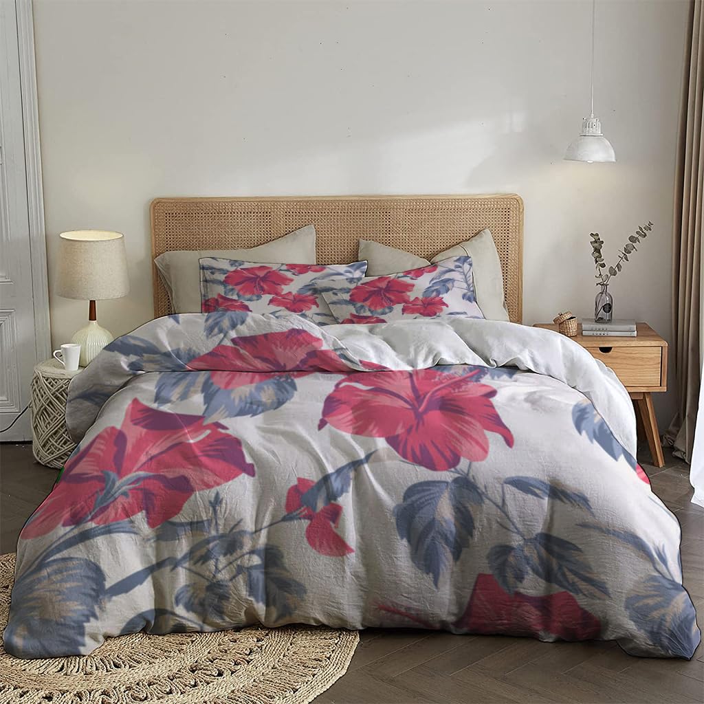 NIBAINLO 布団カバー中国のハイビスカスとバラの花が咲いた美しい植物の花 肌に優しい ピーチスキン加工 掛け布団カバー 和式 洋式 あったか 布団カバーセット リバーシブル ホームステイ ホテル 家庭兼用