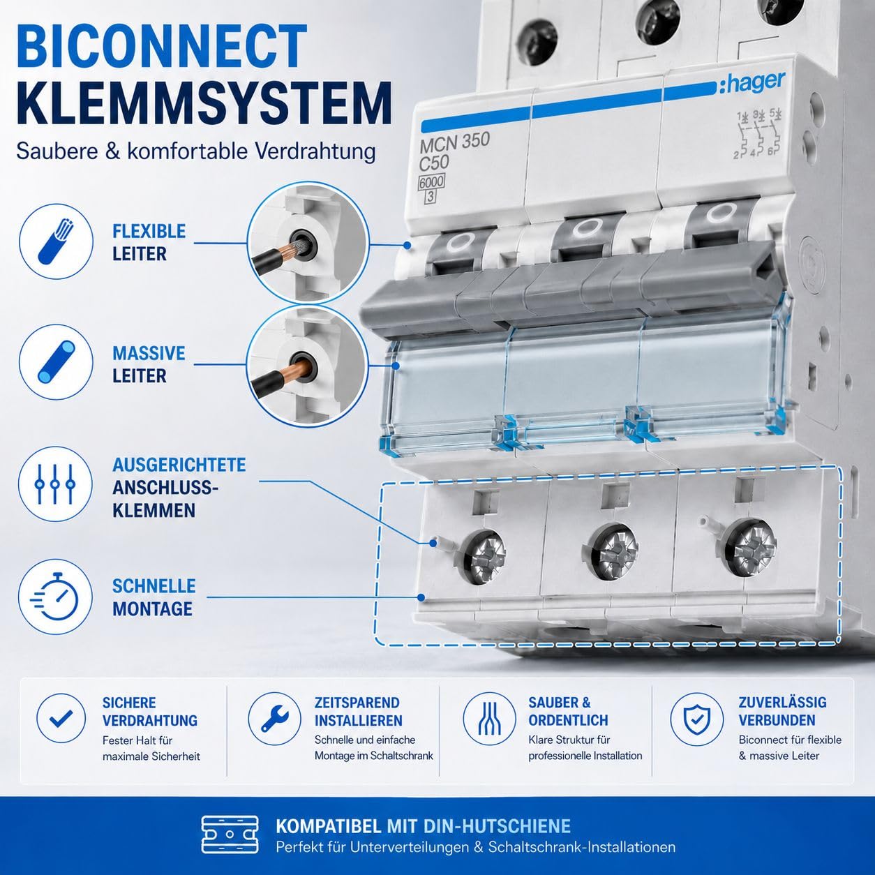 HAGER MCN350 Leitungsschutzschalter 3 polig 50A, C-Charakteristik, 6kA Sicherungsautomat 3P für Drehstrom, biconnect Klemmsystem, LS-Schalter für Hutschiene, 3 Module, 230 400V AC