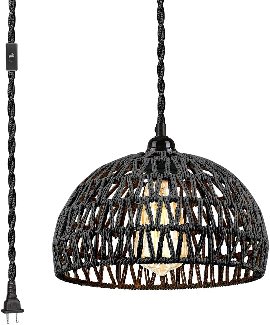 Lighting fixtures, 1-Light Pendant Light,Boho Black Woven Rattan Basket with Twist Hemp Hanging Cord Plug in Coastal Pendant Lamp for Dining Living Room Kitchen Island Foyer Bedroom Hallway