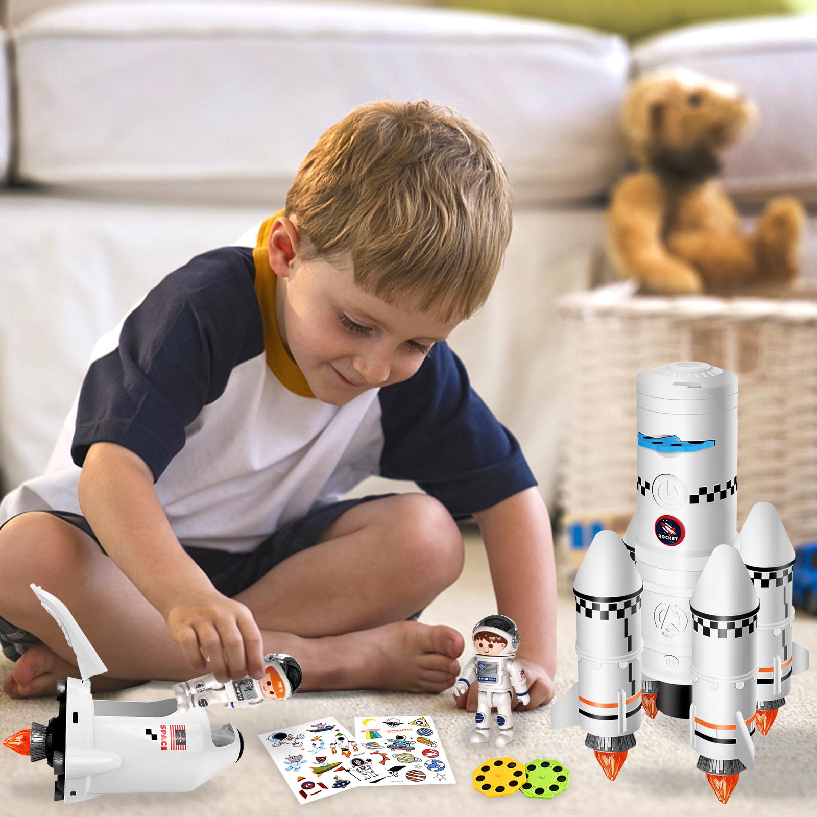 Herenear Razzo Spaziale, Space Shuttle Giocattolo per 3-8 Anni, con Astronauti e Lampada di Proiezione
