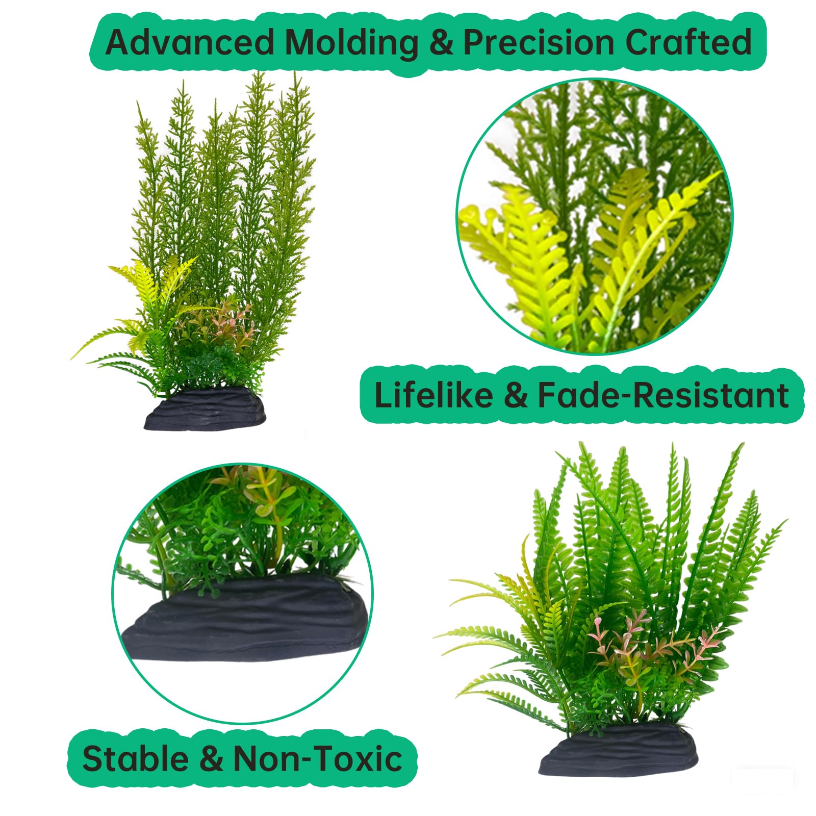 4pcs Plantes Artificielles pour Aquarium, Grandes Plantes Vertes en Plastique, Décoration d'Aquarium avec Base en PVC, 2x28cm et 2x18cm