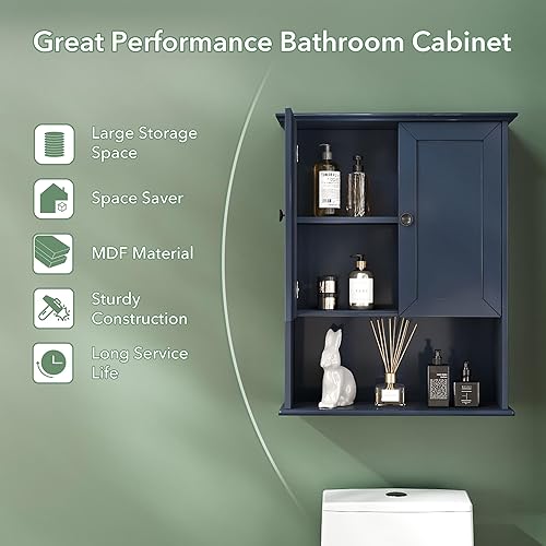 Miniatura 3 de Armario de baño azul montado en la pared, botiquines de madera sobre inodoro, gabinete de almacenamiento de 24 x 30 pulgadas, gabinete de pared