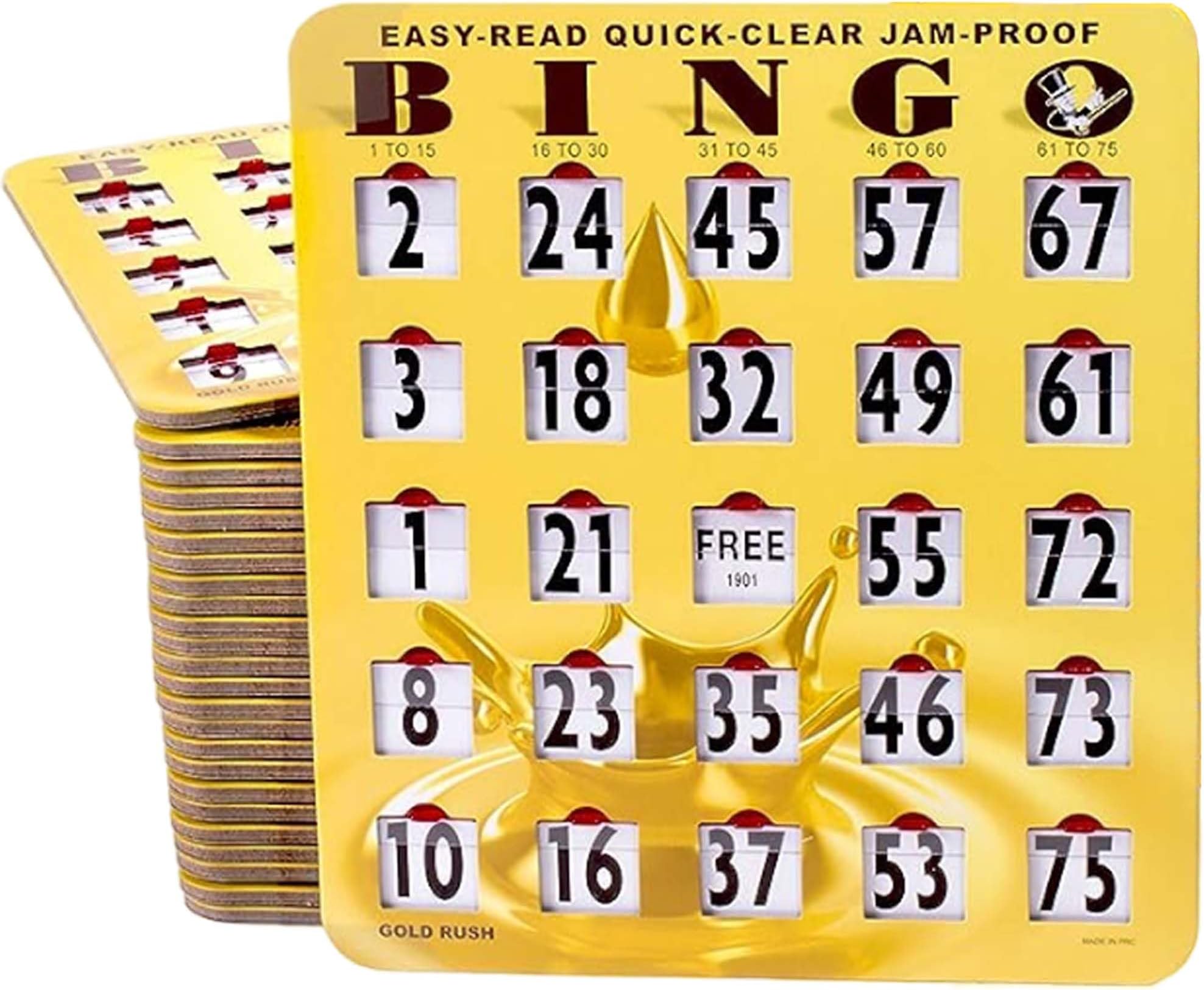 MR CHIPS Jam-Proof Easy-Read Quick-Clear Large Print Fingertip Slide Bingo Cards with Sliding Windows - 25 Pack in Gold Rush Style