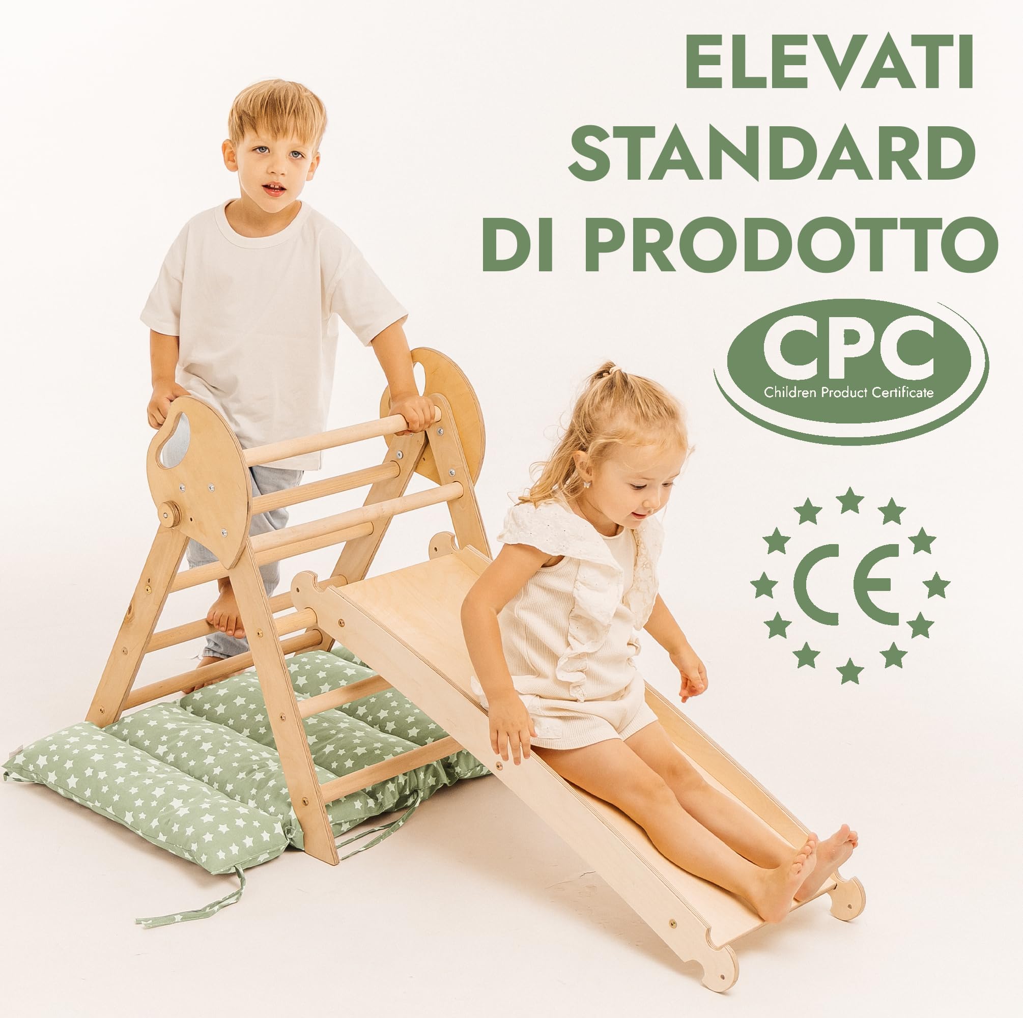 Goodevas Montessori 5 in 1 - Set da Arrampicata in Legno per Interni, con Cuscino Verde e Scivolo per Bambini, Parco Giochi da 1 a 3 Anni, Beige